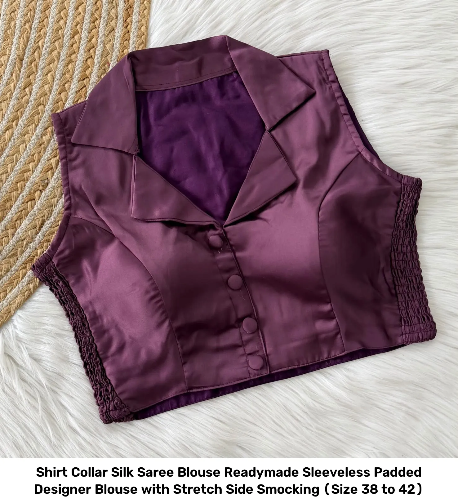 Shirt Collar Silk Saree Blouse Readymade – Sleeveless Padded Designer Blouse with Stretch Side Smocking (Size 38 to 42) 18