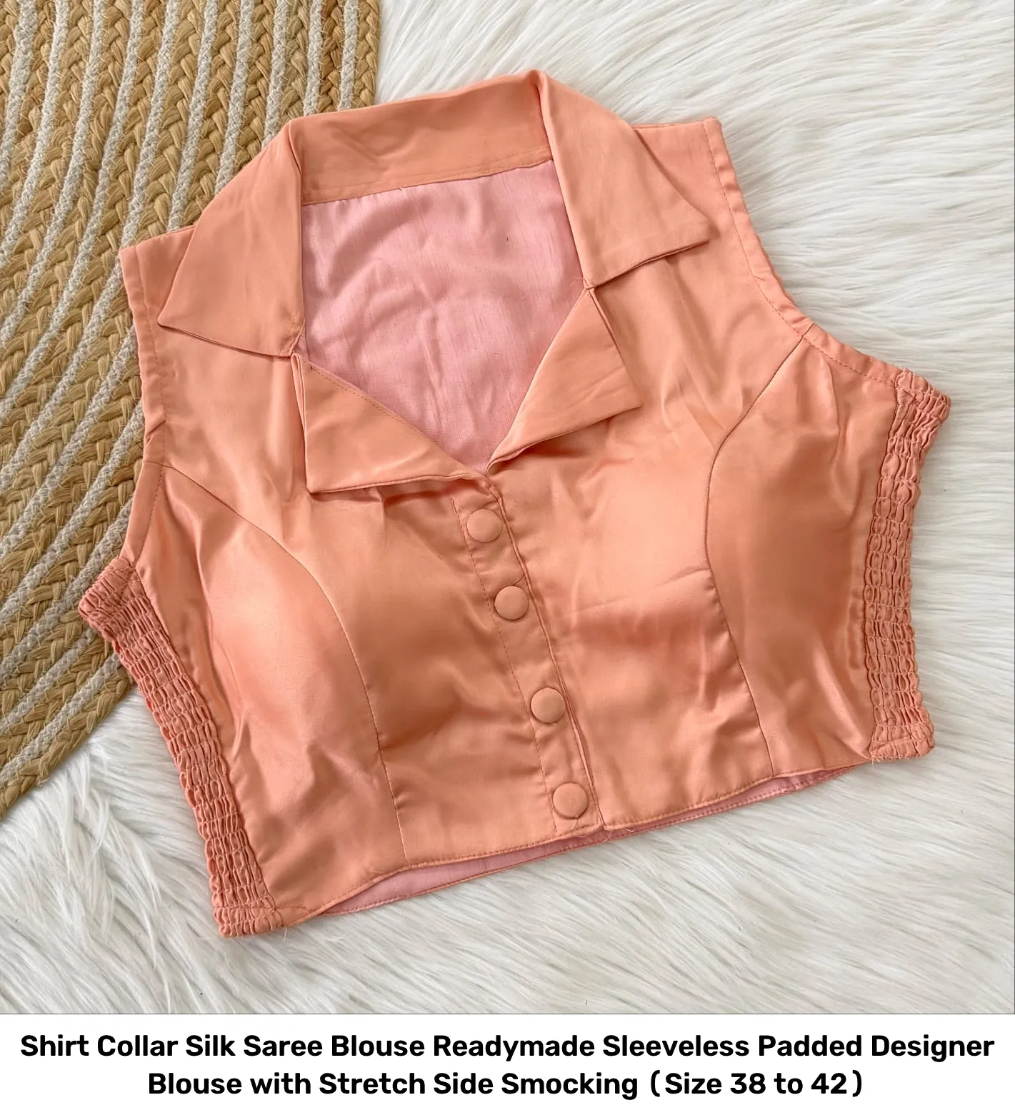 Shirt Collar Silk Saree Blouse Readymade – Sleeveless Padded Designer Blouse with Stretch Side Smocking (Size 38 to 42) 19