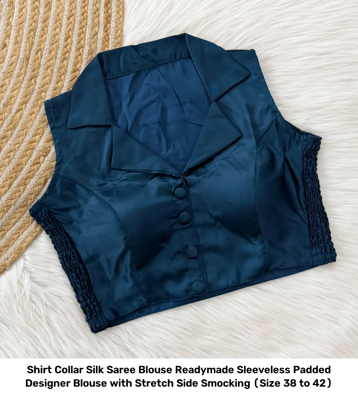 Shirt Collar Silk Saree Blouse Readymade – Sleeveless Padded Designer Blouse with Stretch Side Smocking (Size 38 to 42) 2