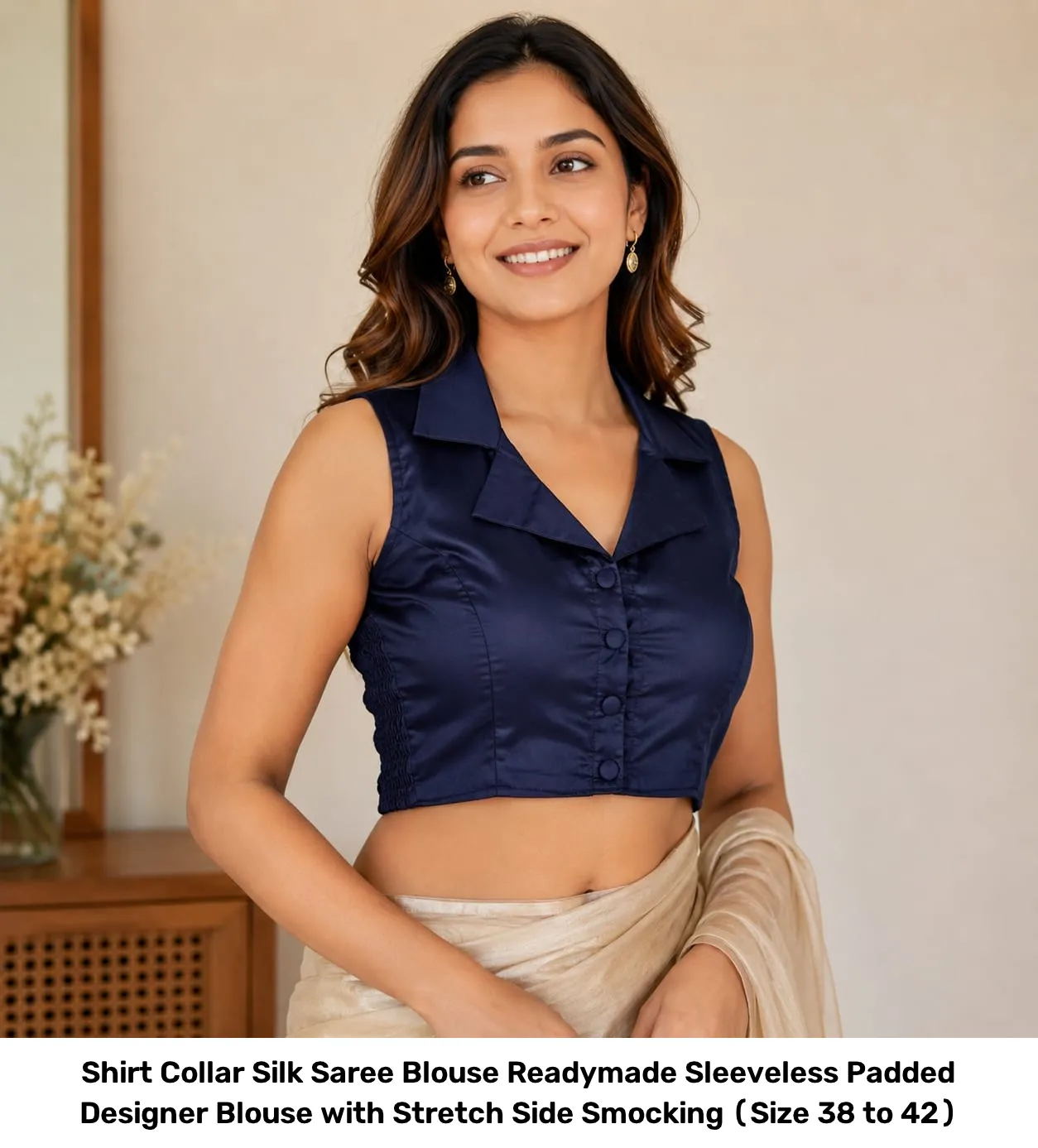 Shirt Collar Silk Saree Blouse Readymade – Sleeveless Padded Designer Blouse with Stretch Side Smocking (Size 38 to 42) 20