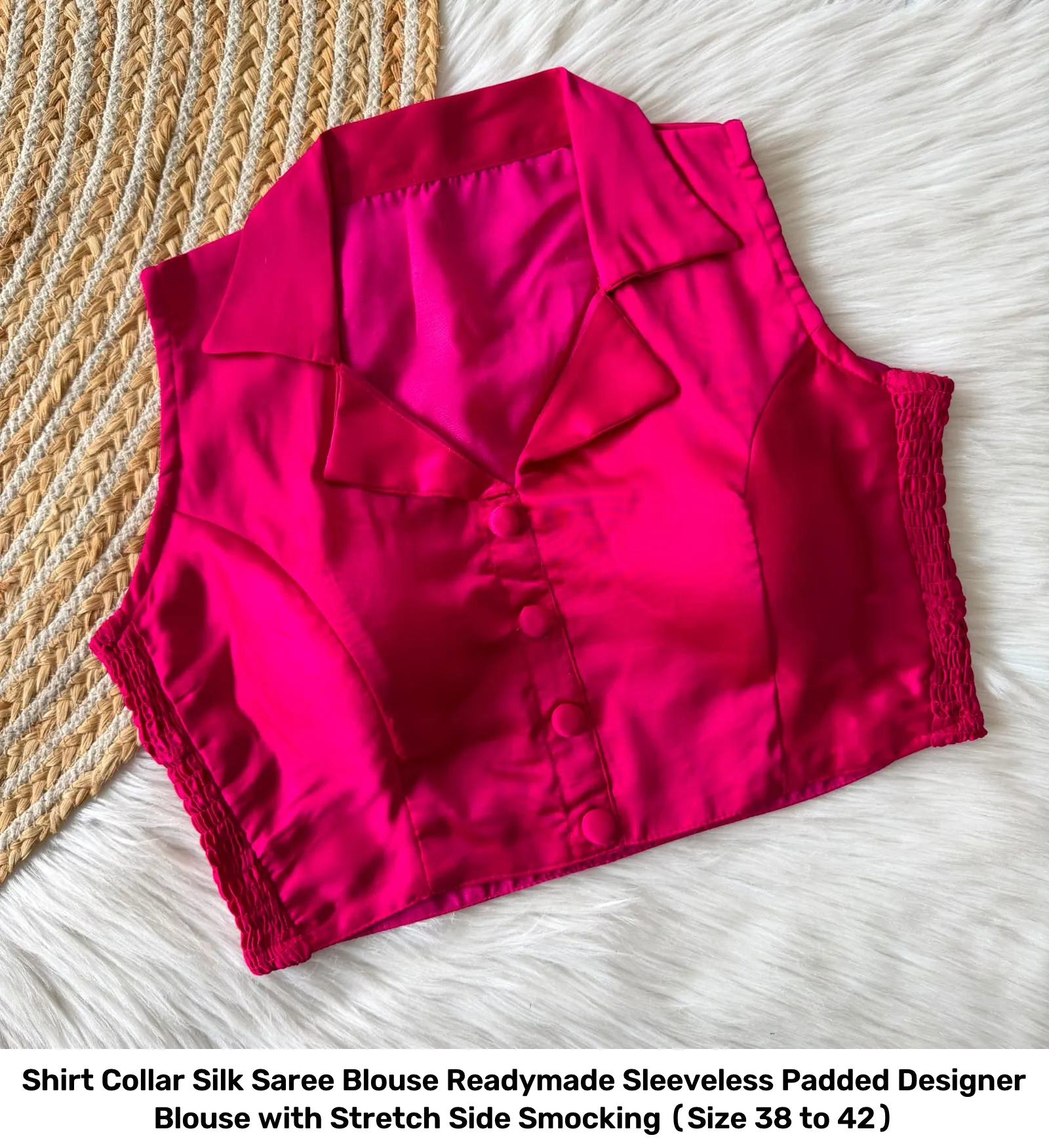 Shirt Collar Silk Saree Blouse Readymade – Sleeveless Padded Designer Blouse with Stretch Side Smocking (Size 38 to 42) 22