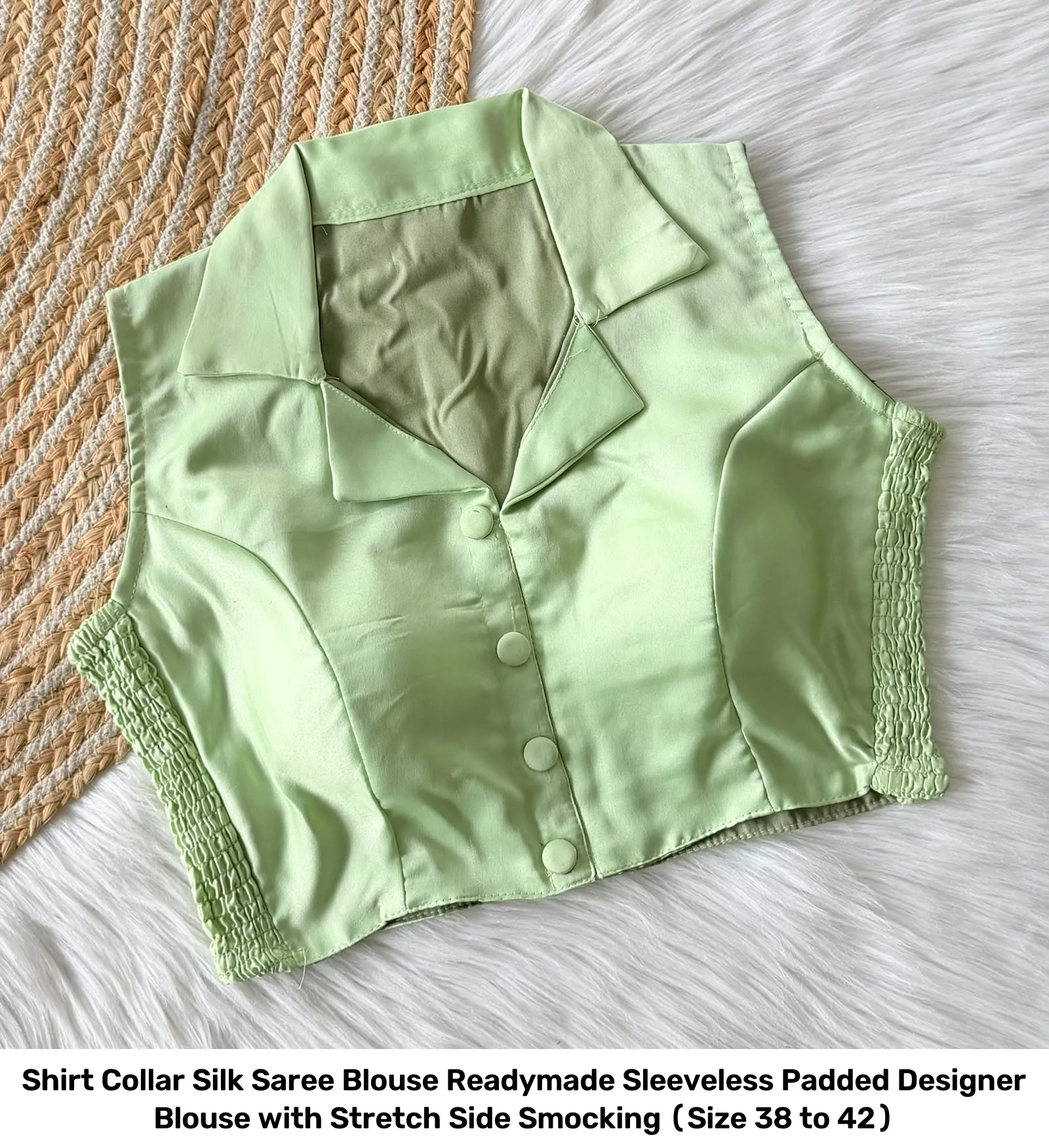 Shirt Collar Silk Saree Blouse Readymade – Sleeveless Padded Designer Blouse with Stretch Side Smocking (Size 38 to 42) 24