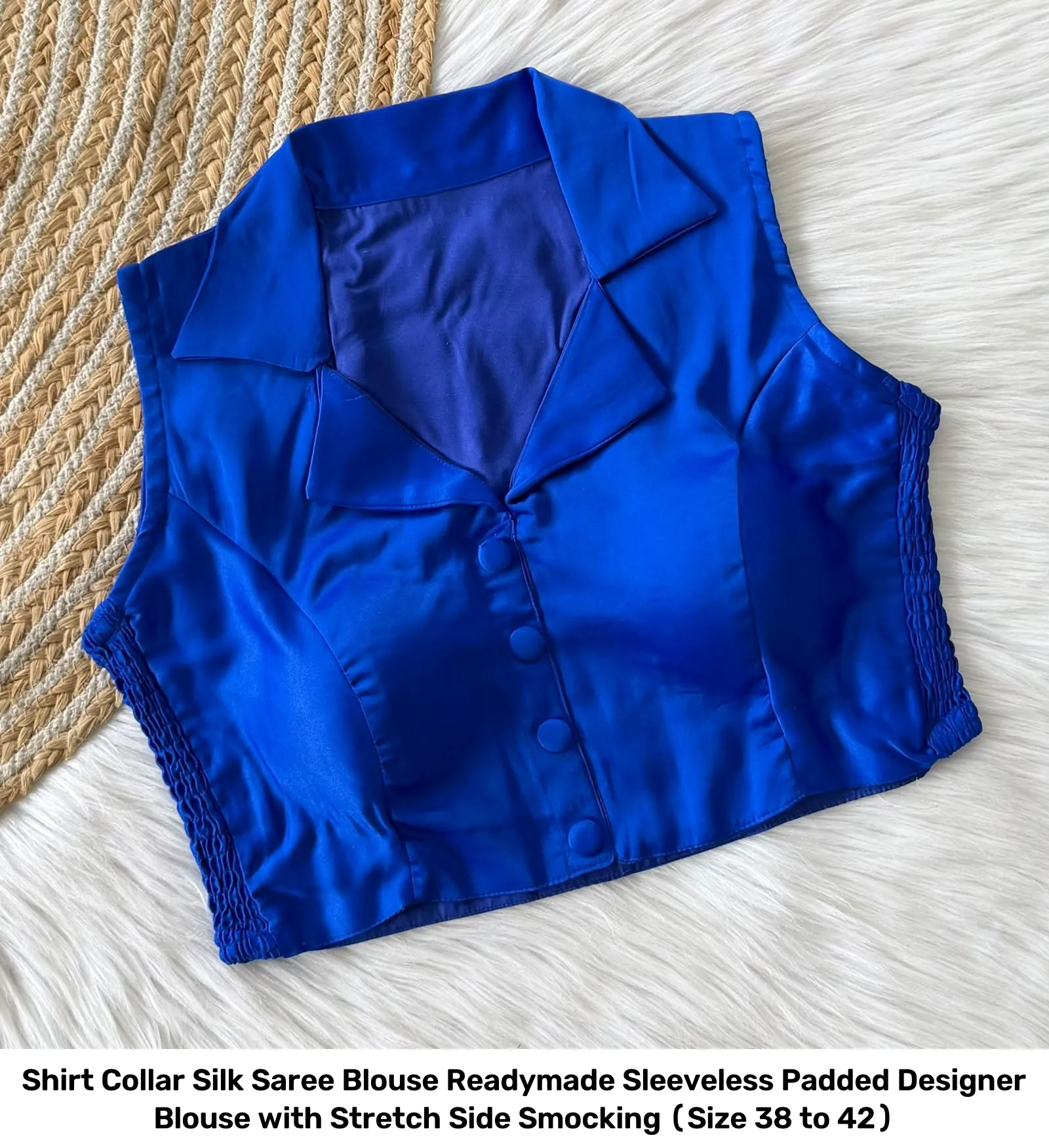 Shirt Collar Silk Saree Blouse Readymade – Sleeveless Padded Designer Blouse with Stretch Side Smocking (Size 38 to 42) 25