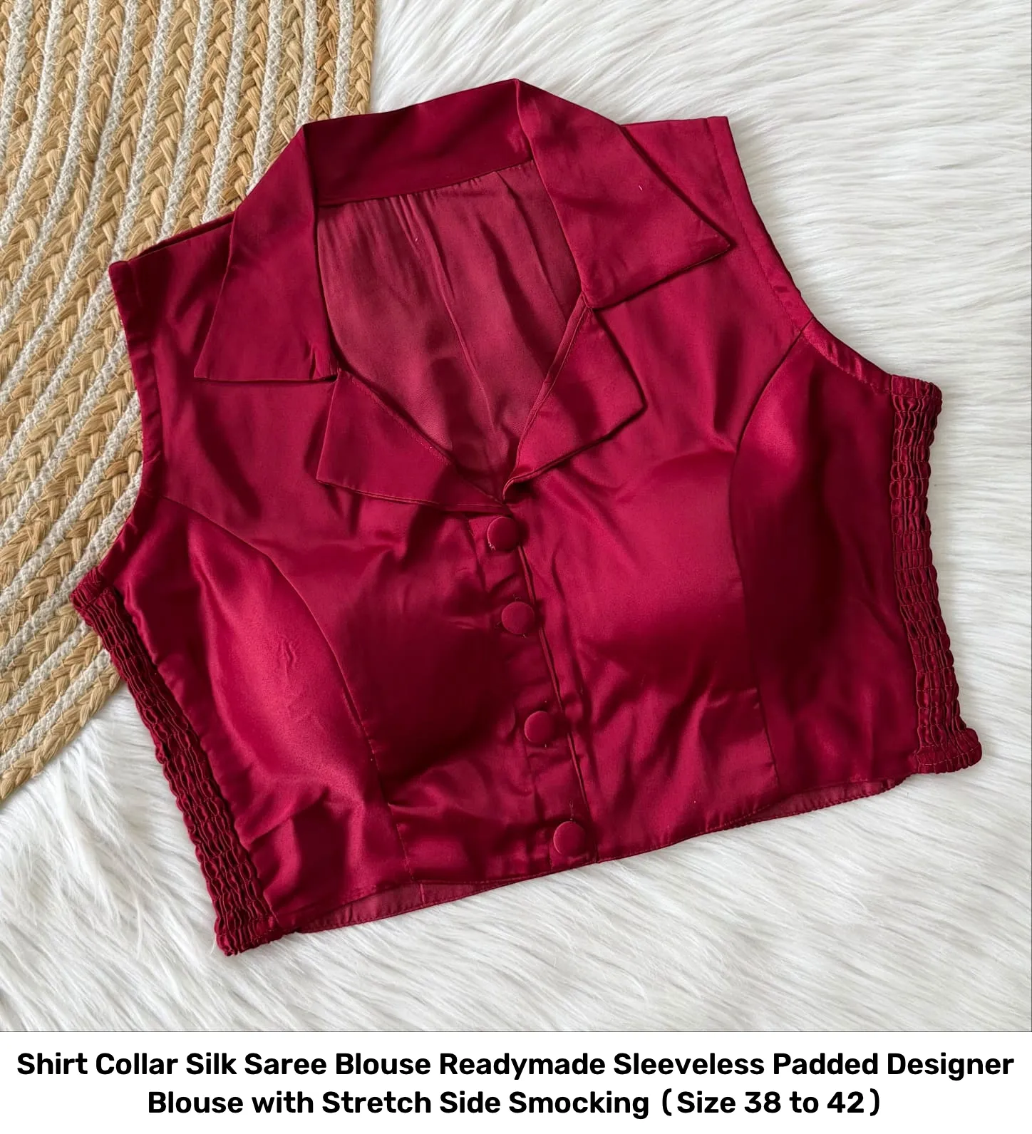 Shirt Collar Silk Saree Blouse Readymade – Sleeveless Padded Designer Blouse with Stretch Side Smocking (Size 38 to 42) 26