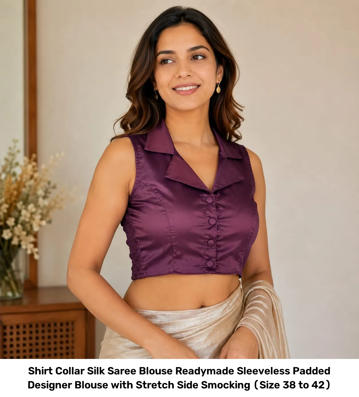 Shirt Collar Silk Saree Blouse Readymade – Sleeveless Padded Designer Blouse with Stretch Side Smocking (Size 38 to 42) 3