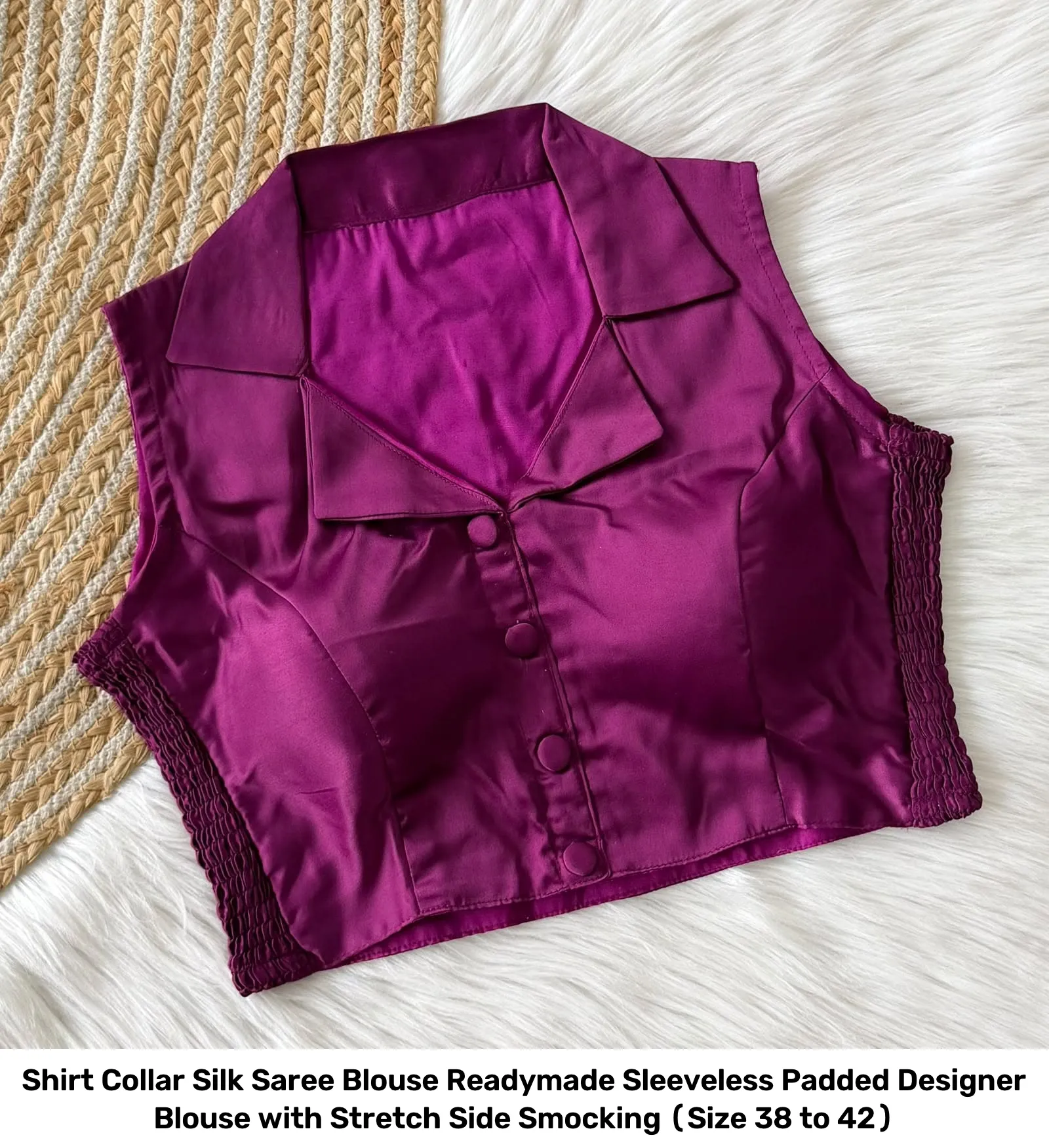 Shirt Collar Silk Saree Blouse Readymade – Sleeveless Padded Designer Blouse with Stretch Side Smocking (Size 38 to 42) 5