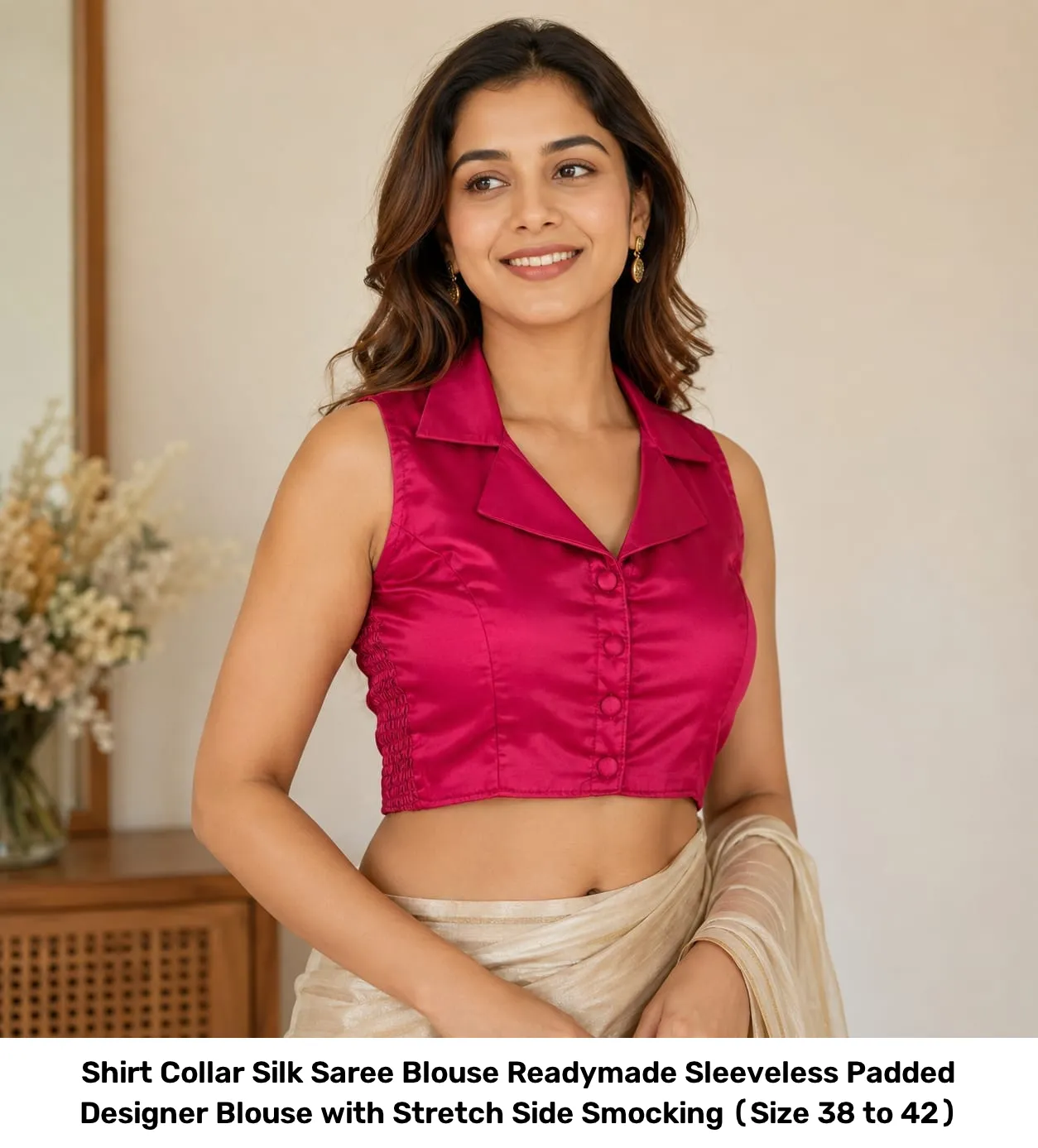 Shirt Collar Silk Saree Blouse Readymade – Sleeveless Padded Designer Blouse with Stretch Side Smocking (Size 38 to 42) 7