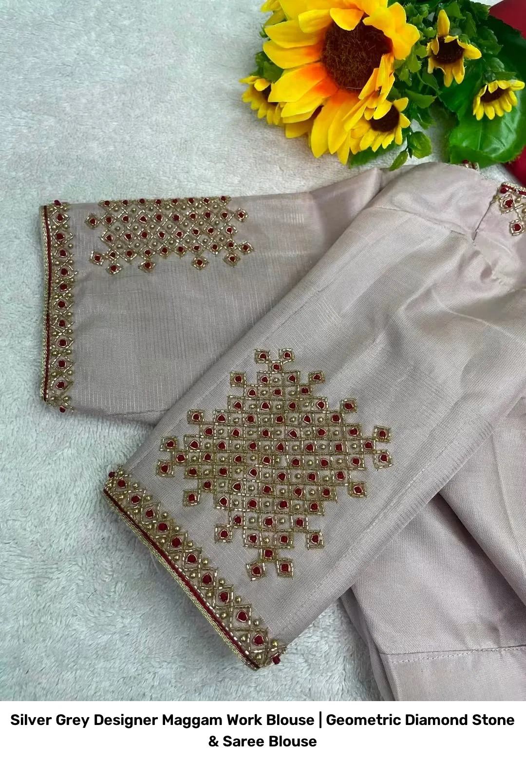 Silver Grey Designer Maggam Work Blouse | Geometric Diamond Stone & Saree Blouse 2