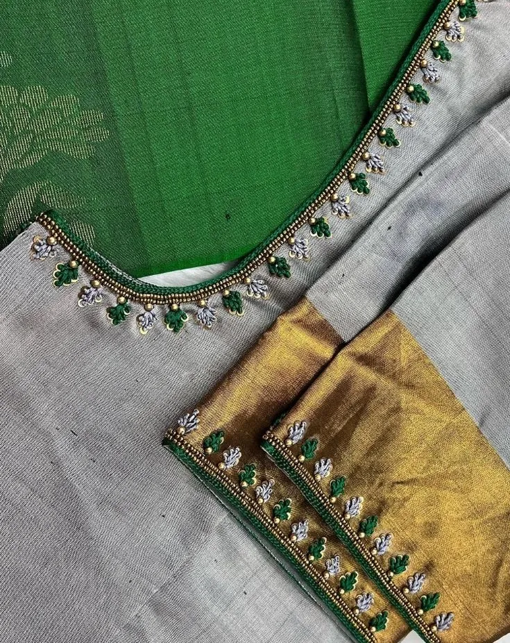 Silver Grey Raw Silk Saree Blouse – Dainty Green Knot & Bead Border Work with Pure Gold Zari Elbow Sleeves