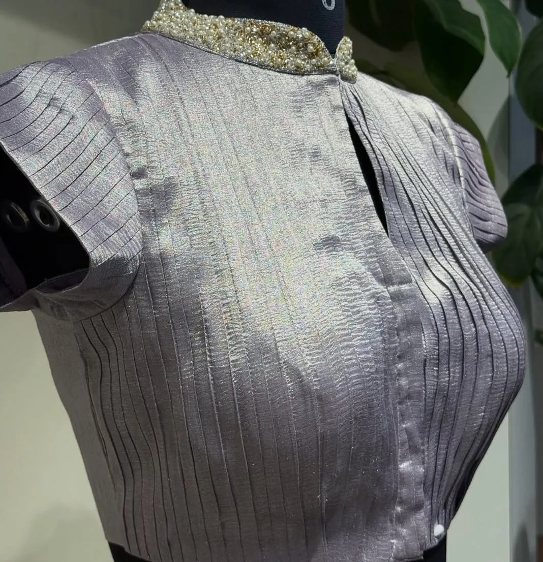 Silver Metallic Tissue Pleated Saree Blouse | Handcrafted Pearl Collar High Neck Designer Blouse