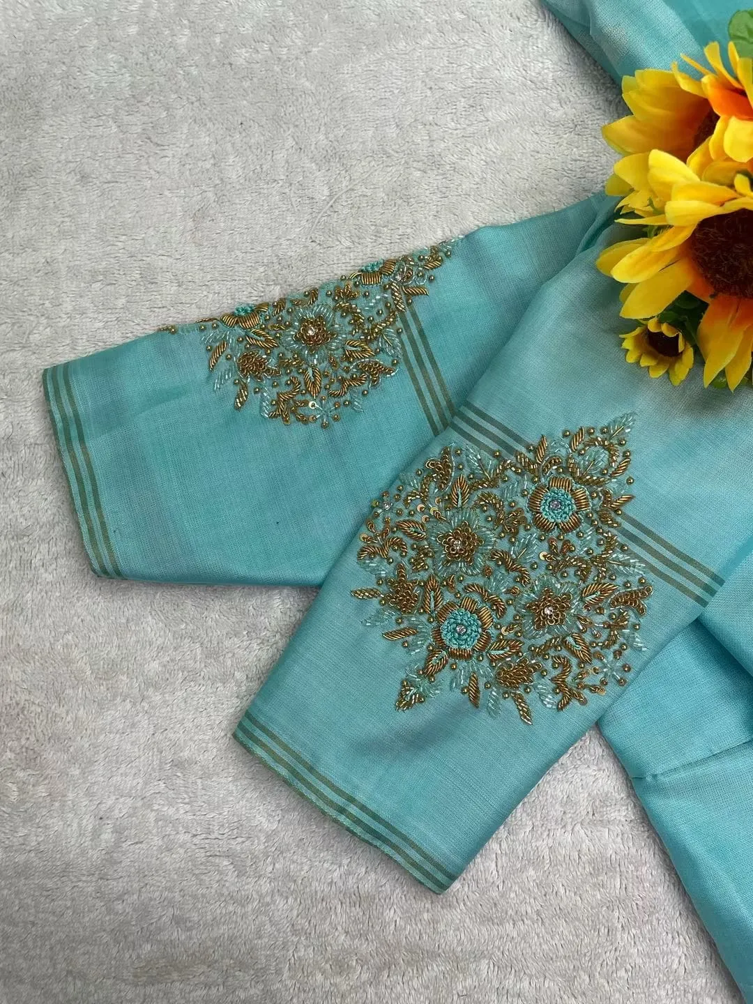 Sky Blue Hand Embroidered Designer Blouse with Zardosi Work | Ready-Made Saree Blouses 1