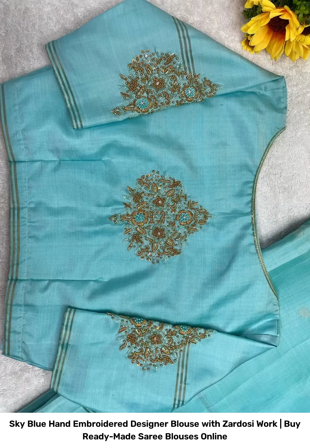 Sky Blue Hand Embroidered Designer Blouse with Zardosi Work | Ready-Made Saree Blouses 2