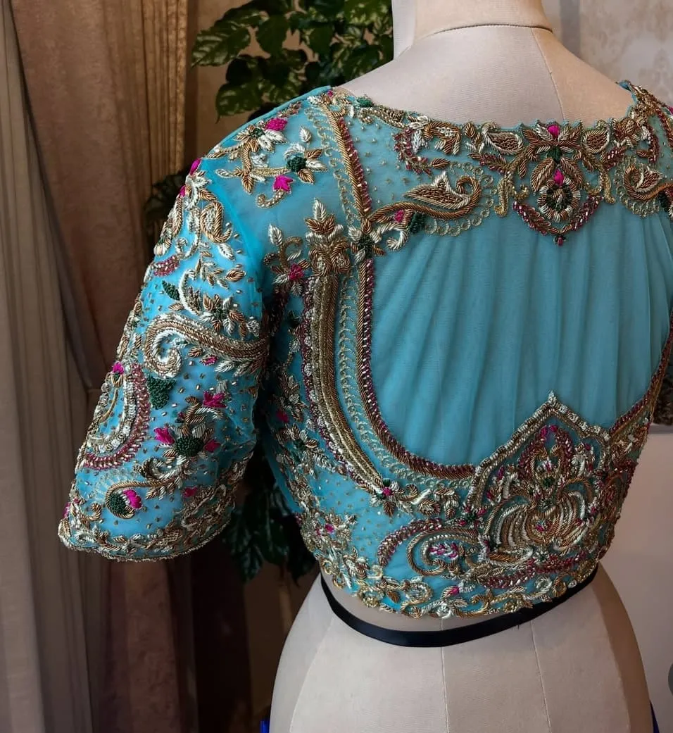 Sky Blue Net Maggam Work Blouse | Heavy Zardozi & Thread Embroidery Bridal Saree Blouse