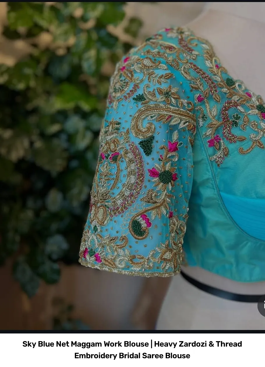 Sky Blue Net Maggam Work Blouse | Heavy Zardozi & Thread Embroidery Bridal Saree Blouse 5