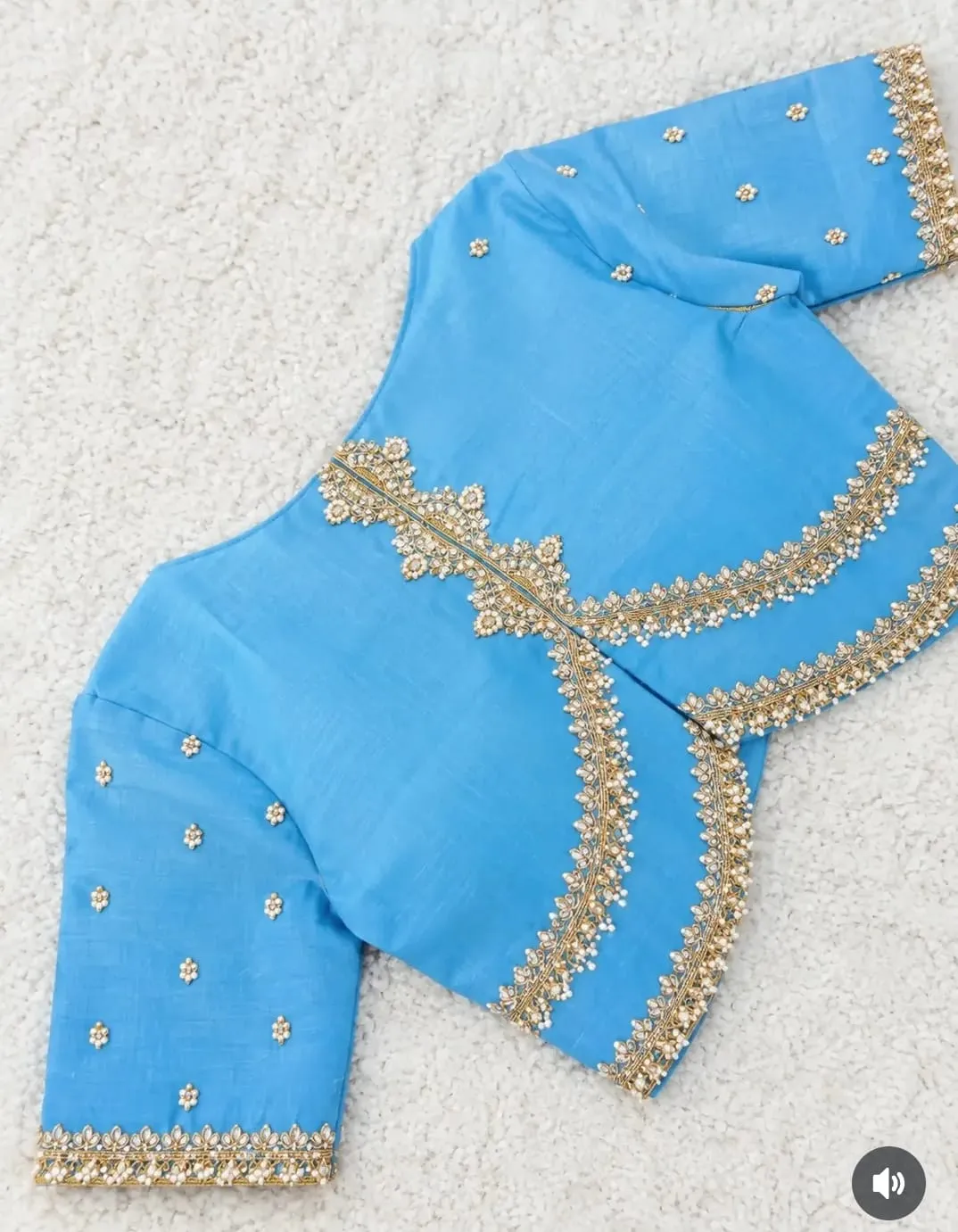 Sky Blue Silk Saree Blouse | Hand Embroidered Pearl & Zardozi Scallop Neck Maggam Work Blouse