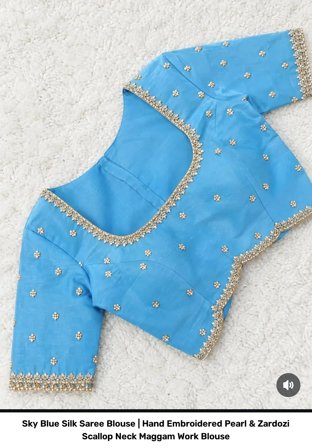 Sky Blue Silk Saree Blouse | Hand Embroidered Pearl & Zardozi Scallop Neck Maggam Work Blouse 2