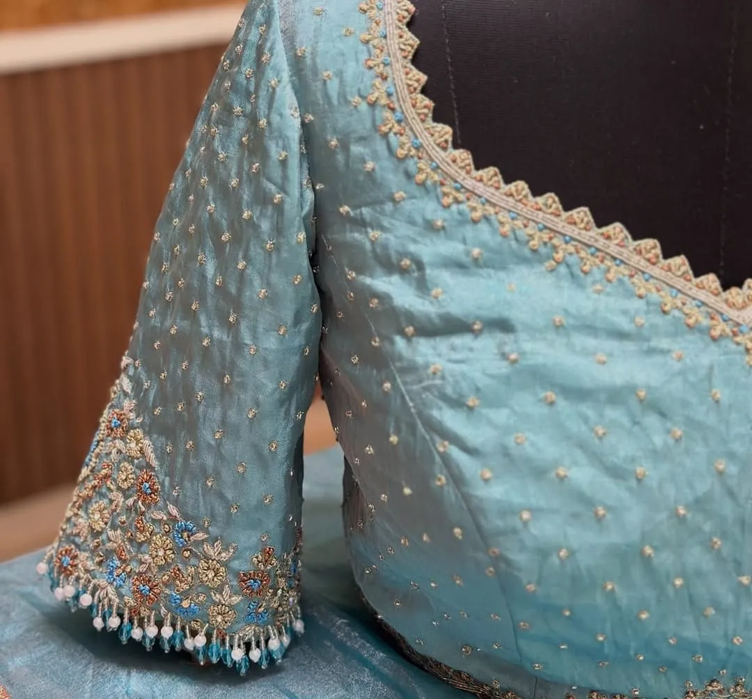 Sky Blue Silk Saree Blouse with Scallop Open Back & Beaded Tassel Sleeves | Readymade / Custom Stitched Bridal Blouse