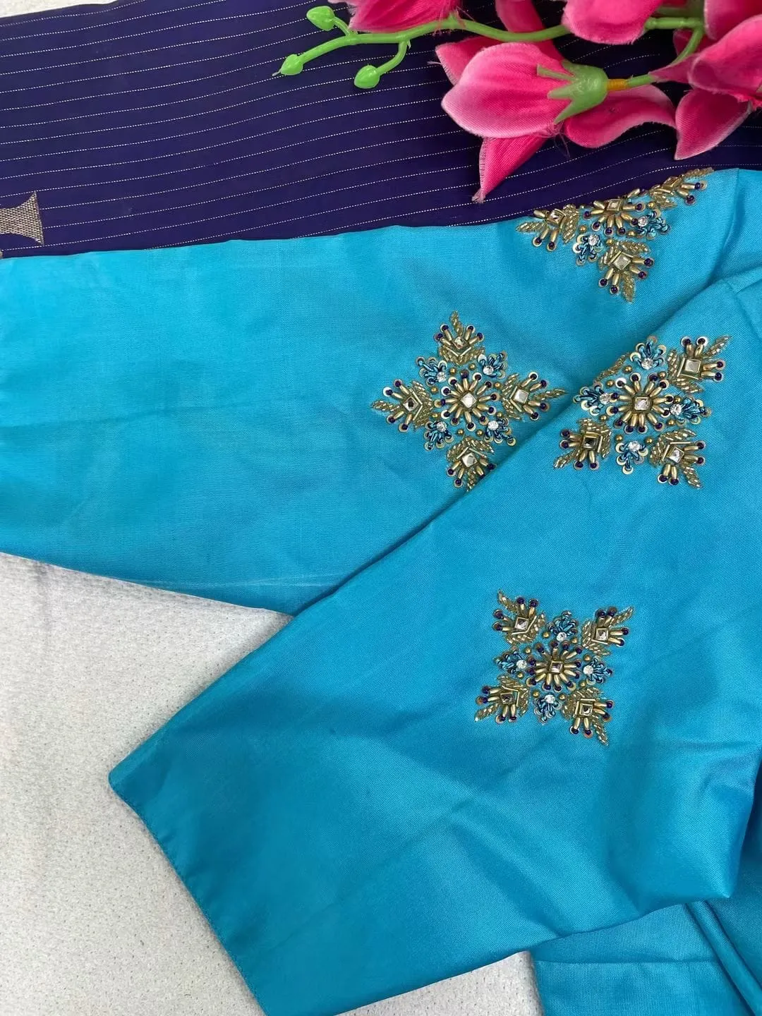Sky Blue Silk Saree Blouse with Zardosi Maggam Work | Square Cutout Back Hand Embroidered Bridal Blouse