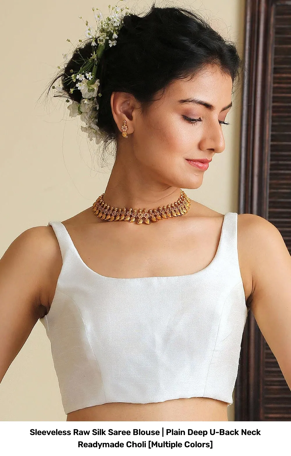 Sleeveless Raw Silk Saree Blouse | Plain Deep U-Back Neck Readymade Choli [Multiple Colors] 10