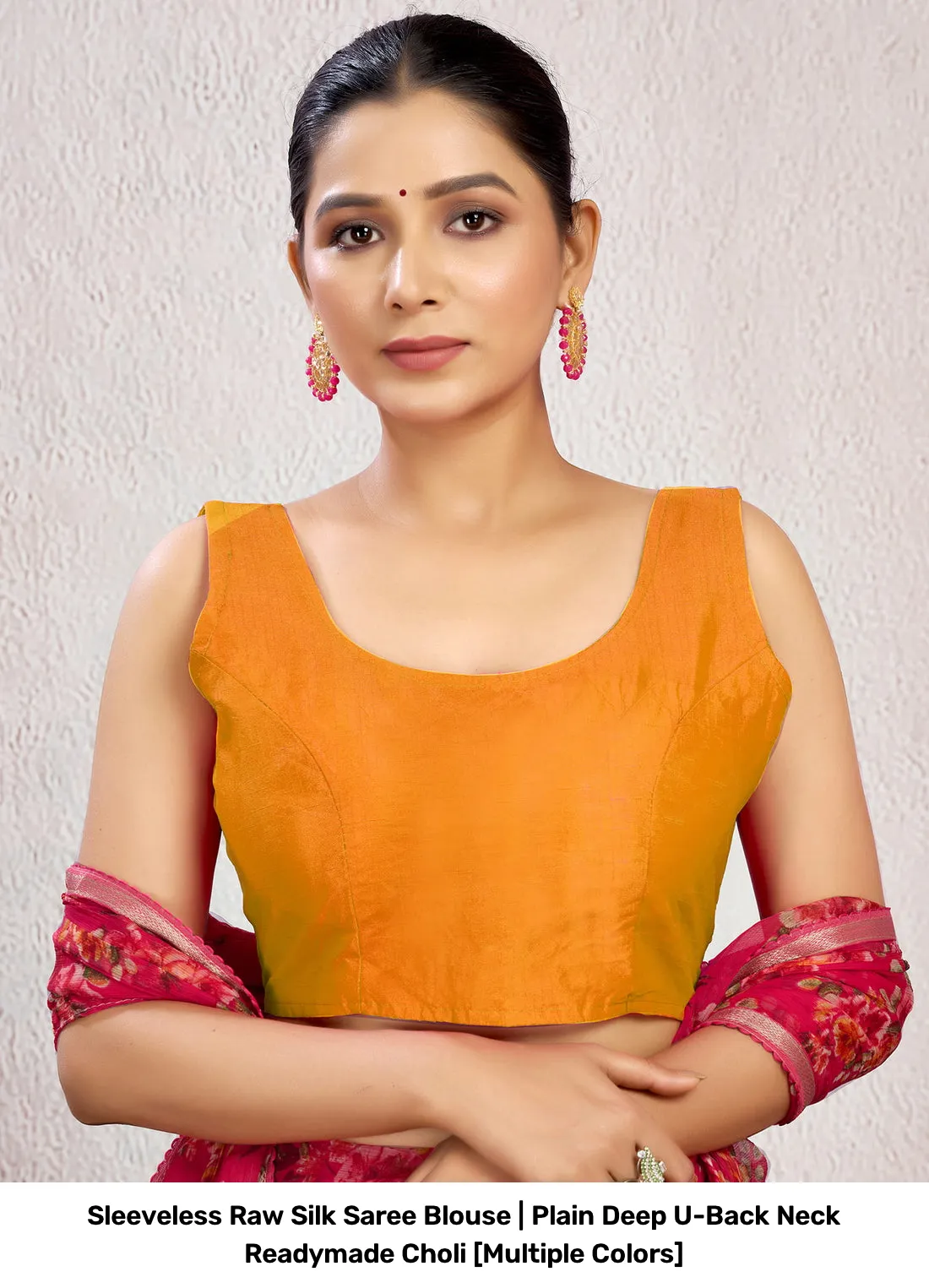 Sleeveless Raw Silk Saree Blouse | Plain Deep U-Back Neck Readymade Choli [Multiple Colors] 12