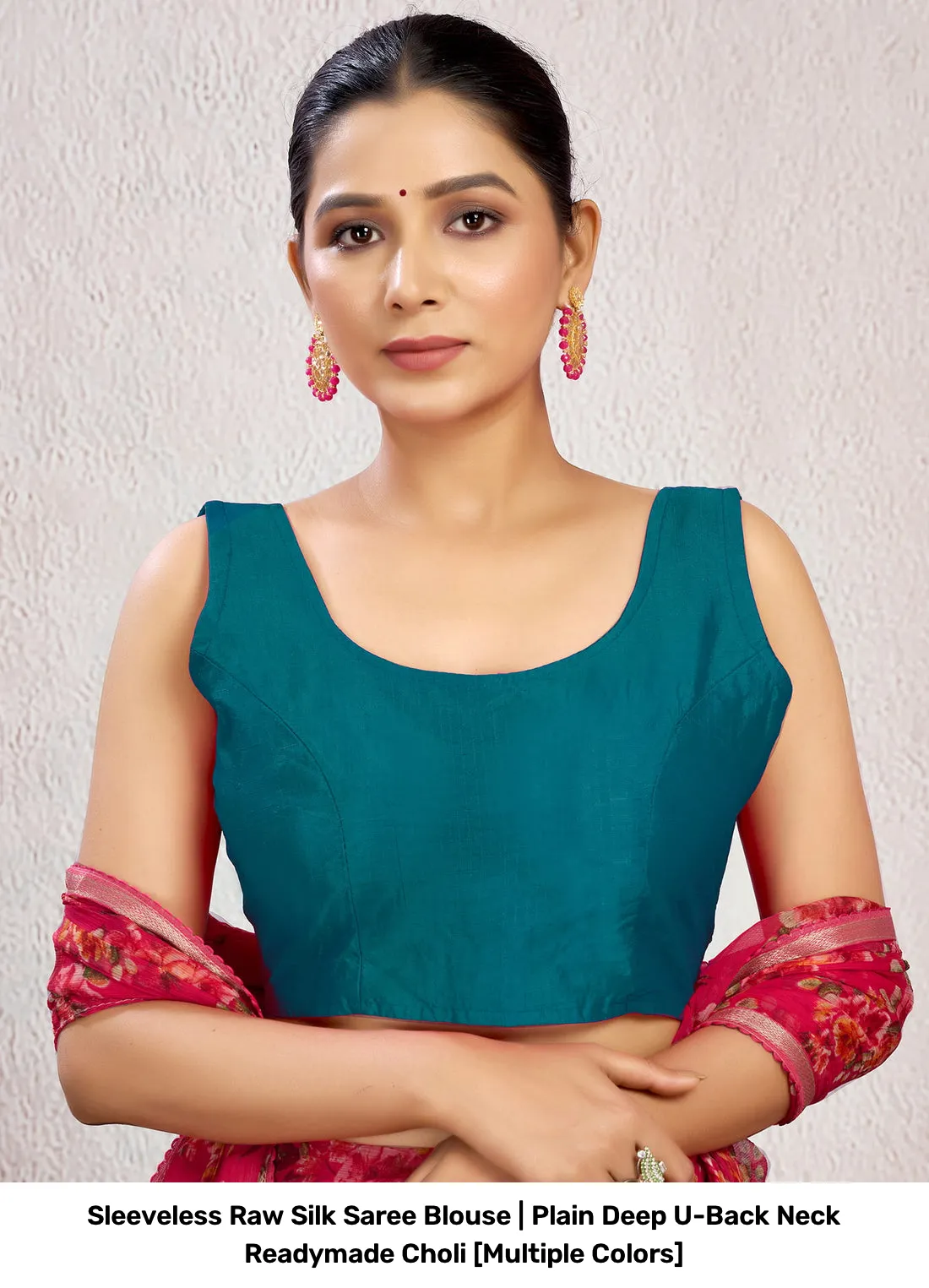 Sleeveless Raw Silk Saree Blouse | Plain Deep U-Back Neck Readymade Choli [Multiple Colors] 14