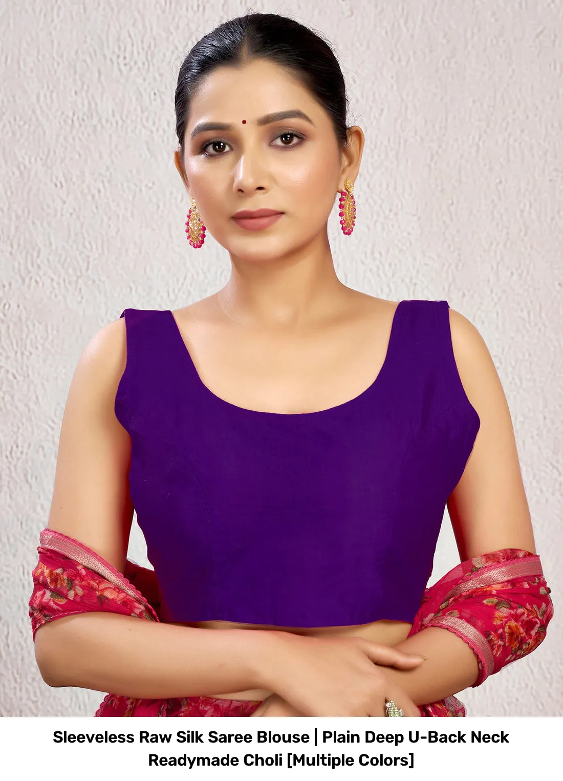 Sleeveless Raw Silk Saree Blouse | Plain Deep U-Back Neck Readymade Choli [Multiple Colors] 16