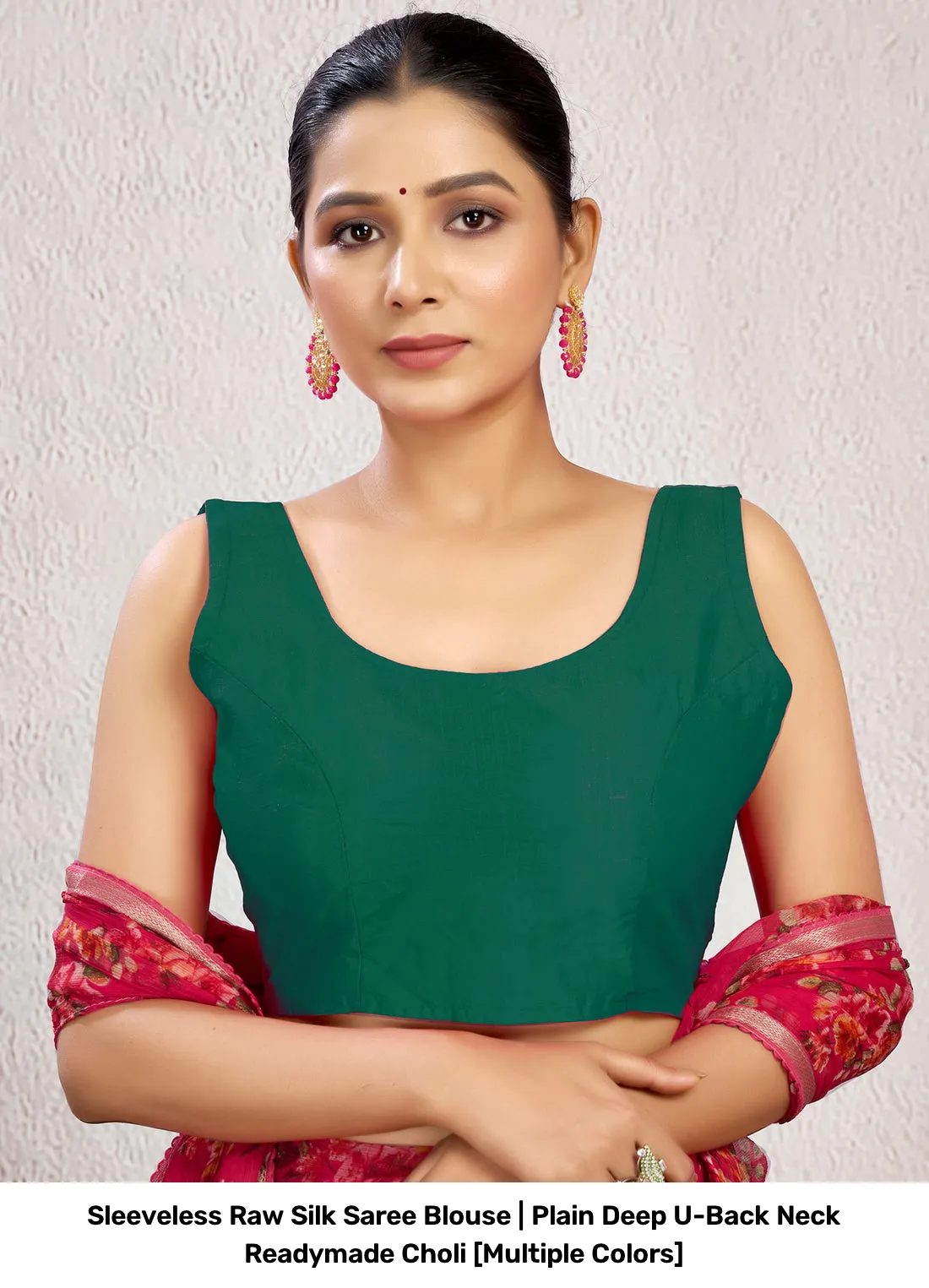 Sleeveless Raw Silk Saree Blouse | Plain Deep U-Back Neck Readymade Choli [Multiple Colors] 2
