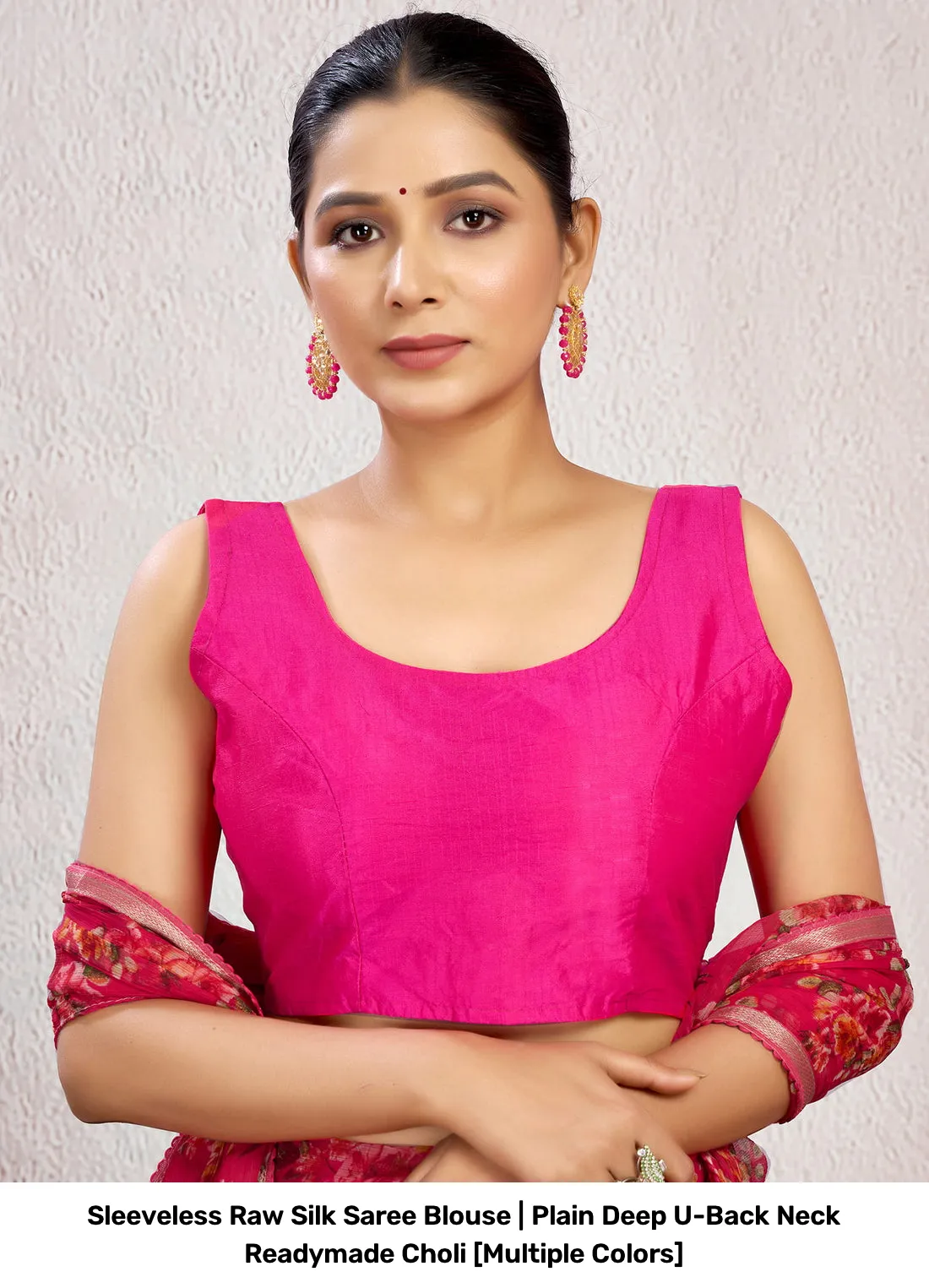 Sleeveless Raw Silk Saree Blouse | Plain Deep U-Back Neck Readymade Choli [Multiple Colors] 3