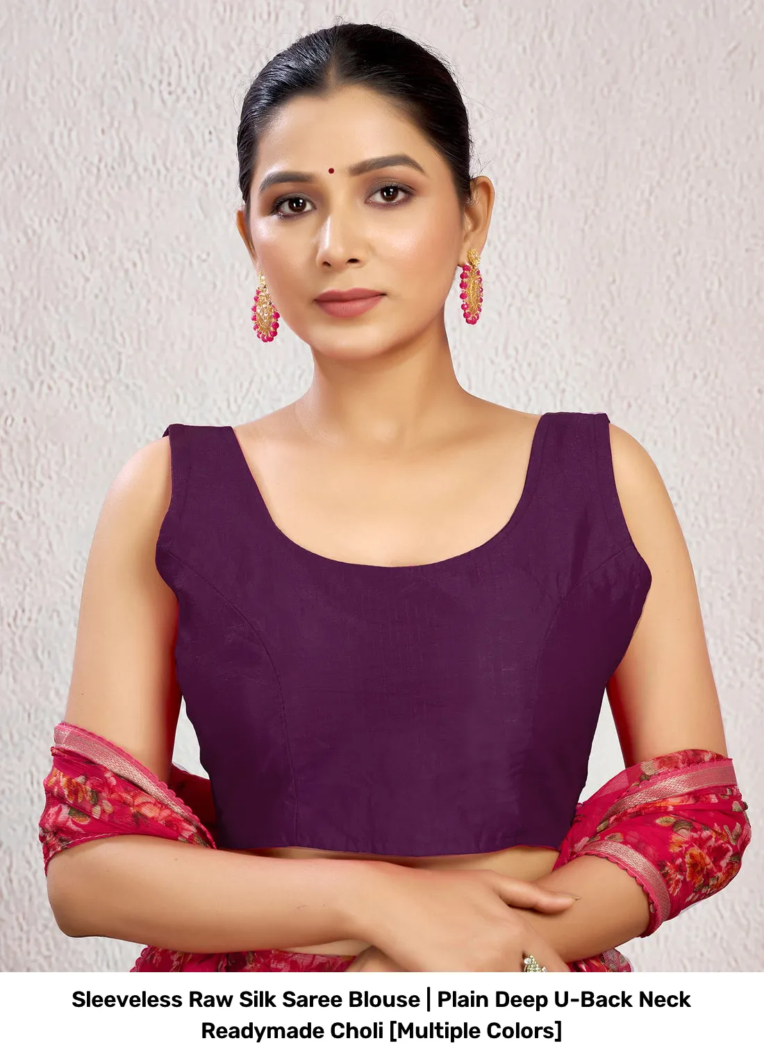Sleeveless Raw Silk Saree Blouse | Plain Deep U-Back Neck Readymade Choli [Multiple Colors] 4