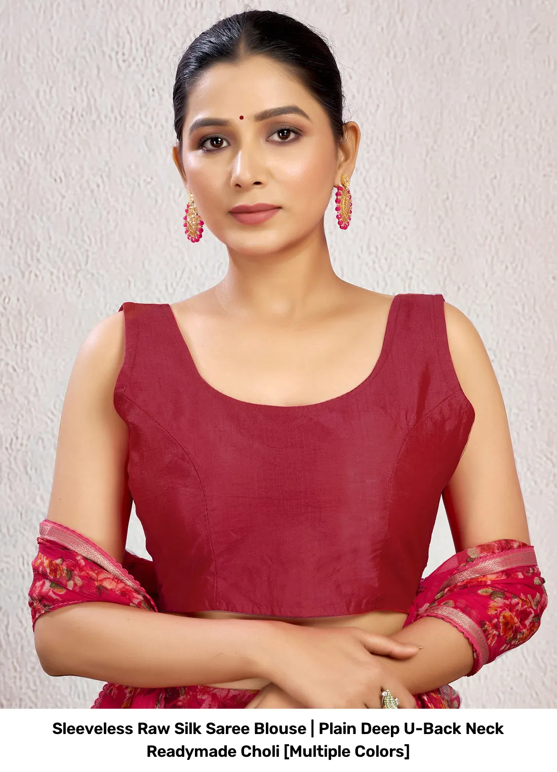 Sleeveless Raw Silk Saree Blouse | Plain Deep U-Back Neck Readymade Choli [Multiple Colors] 8