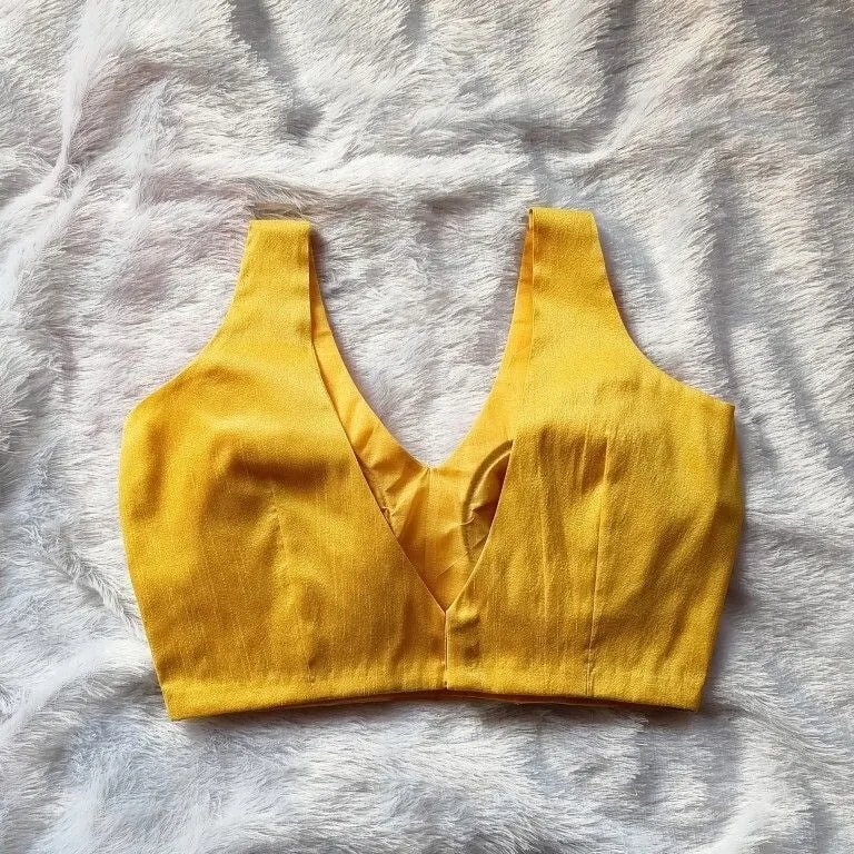Sleeveless Yellow Satin Silk Blouse with Back Tie Bow | V-Neck Ready to Wear Padded Saree Choli