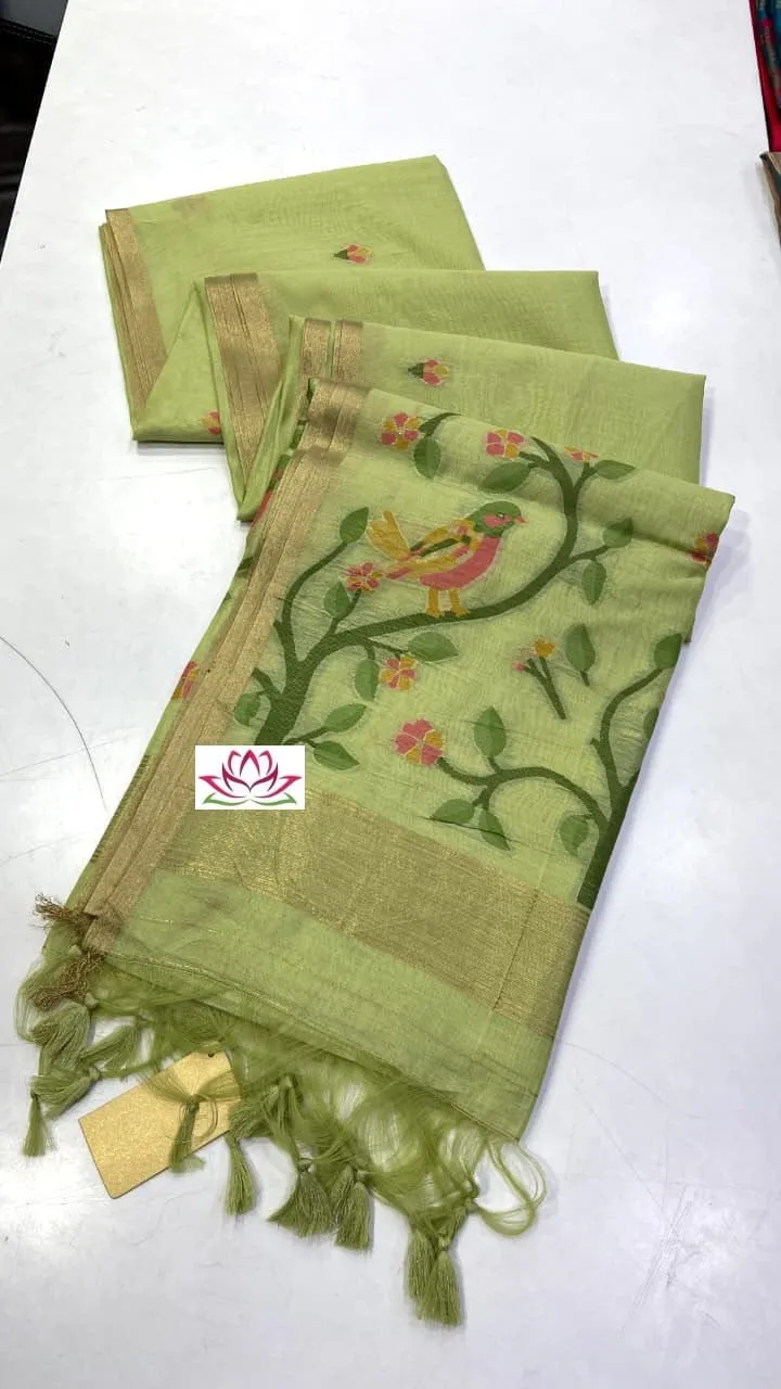 Soft Cotton Jamdani Saree with Bird Motif & Zari Border | Lightweight Summer Saree with Tassels