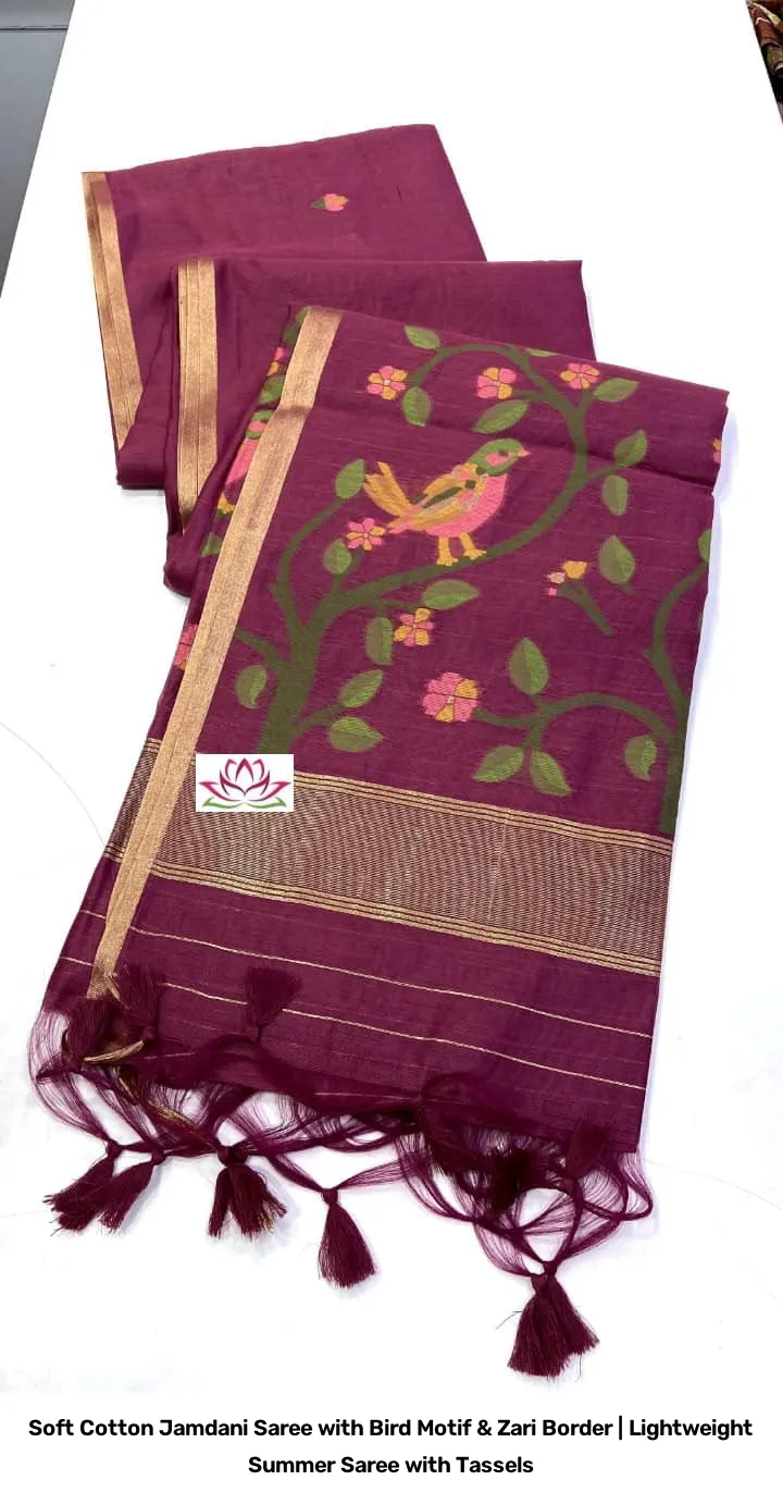 Soft Cotton Jamdani Saree with Bird Motif & Zari Border | Lightweight Summer Saree with Tassels 2