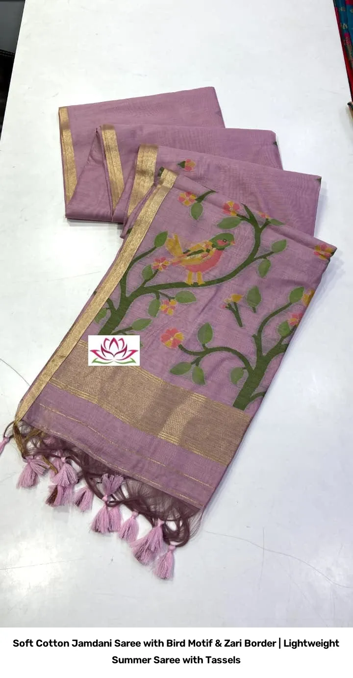 Soft Cotton Jamdani Saree with Bird Motif & Zari Border | Lightweight Summer Saree with Tassels 3