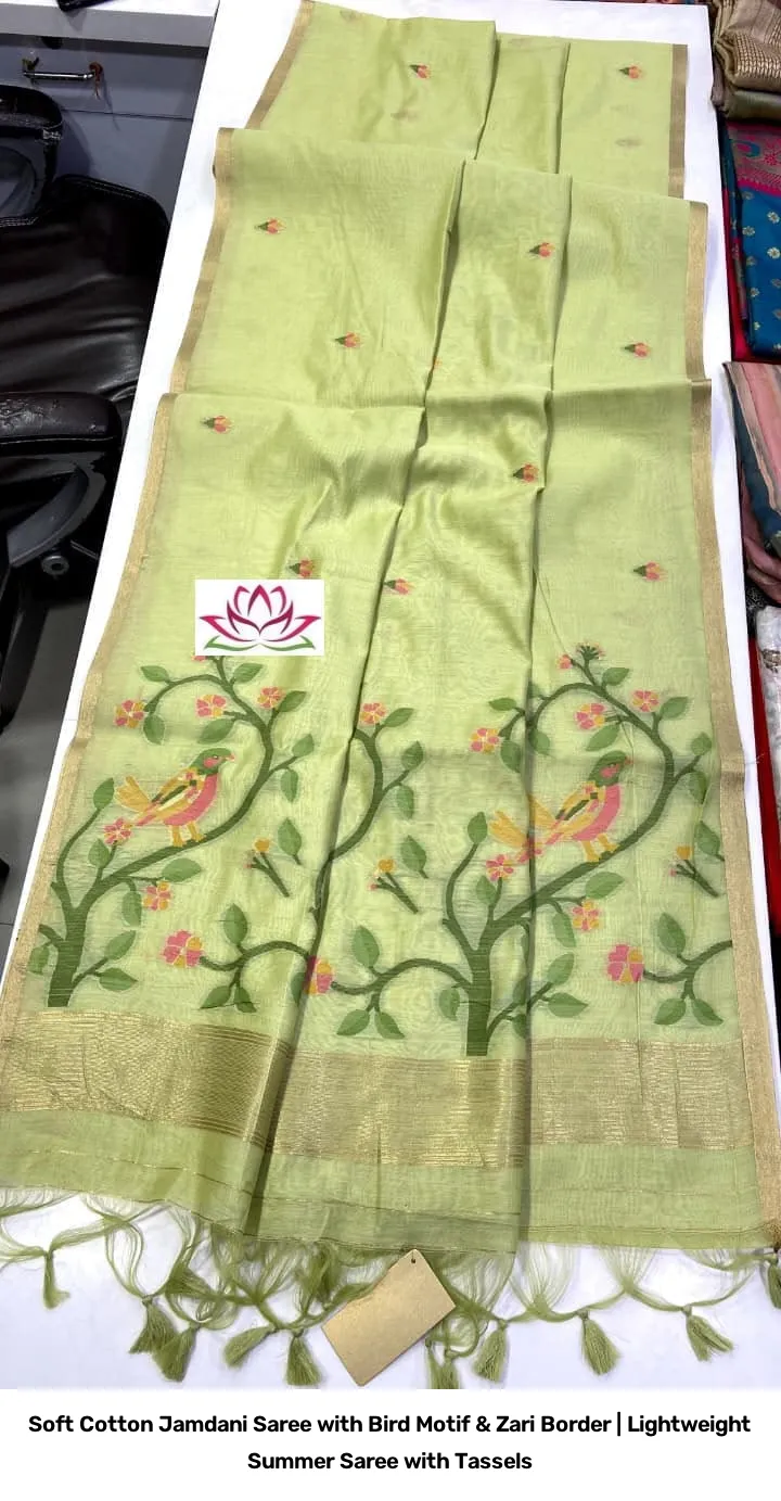 Soft Cotton Jamdani Saree with Bird Motif & Zari Border | Lightweight Summer Saree with Tassels 4