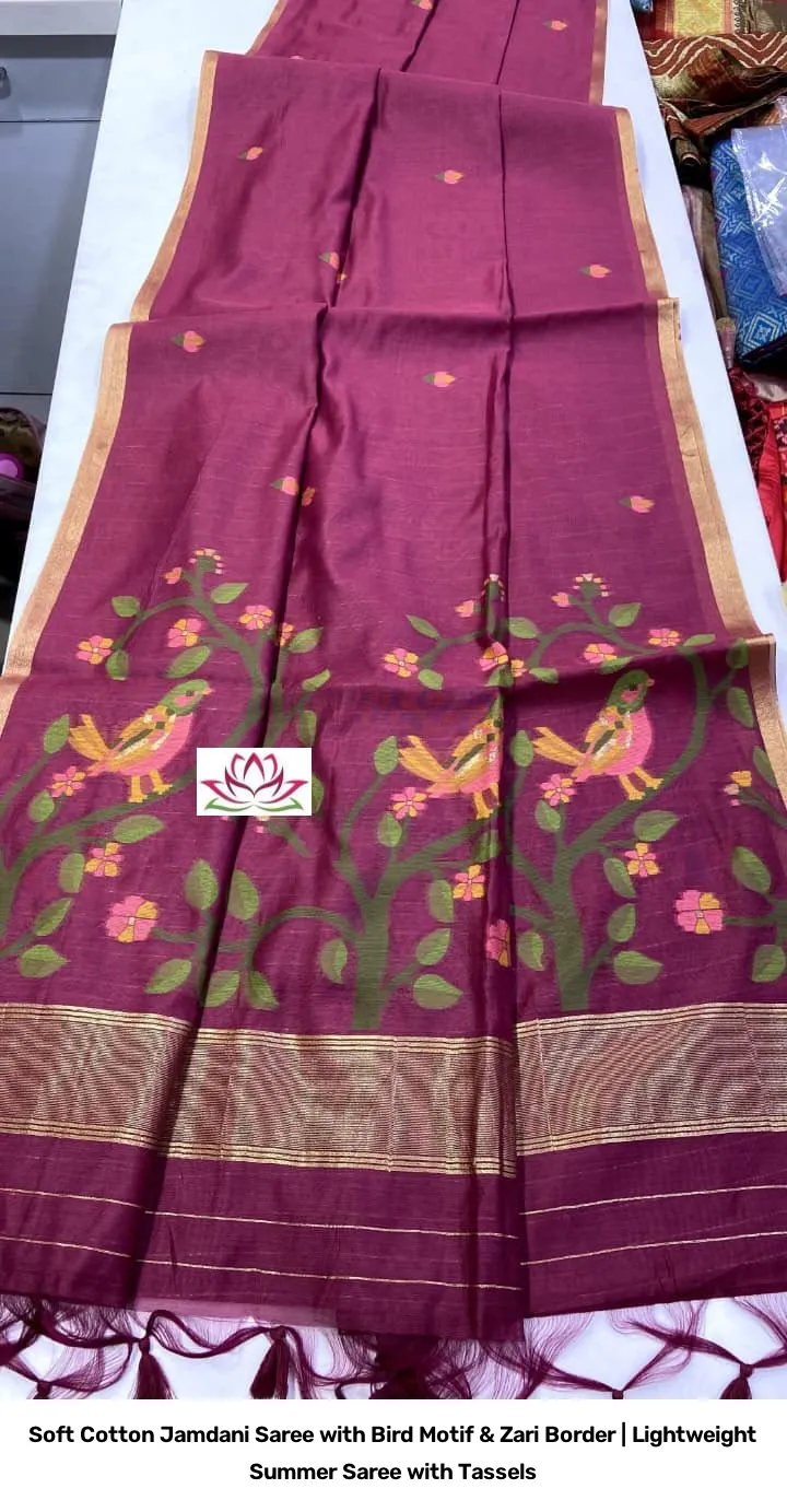Soft Cotton Jamdani Saree with Bird Motif & Zari Border | Lightweight Summer Saree with Tassels 5