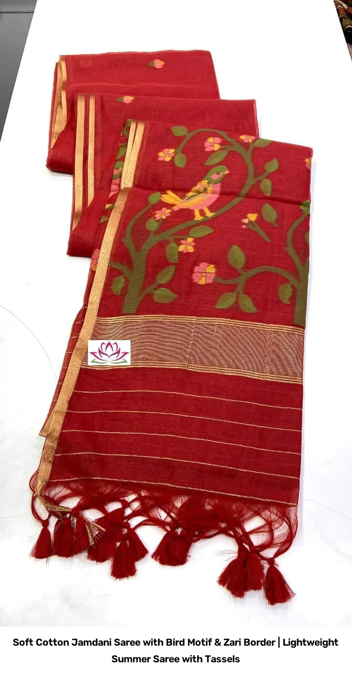 Soft Cotton Jamdani Saree with Bird Motif & Zari Border | Lightweight Summer Saree with Tassels 6