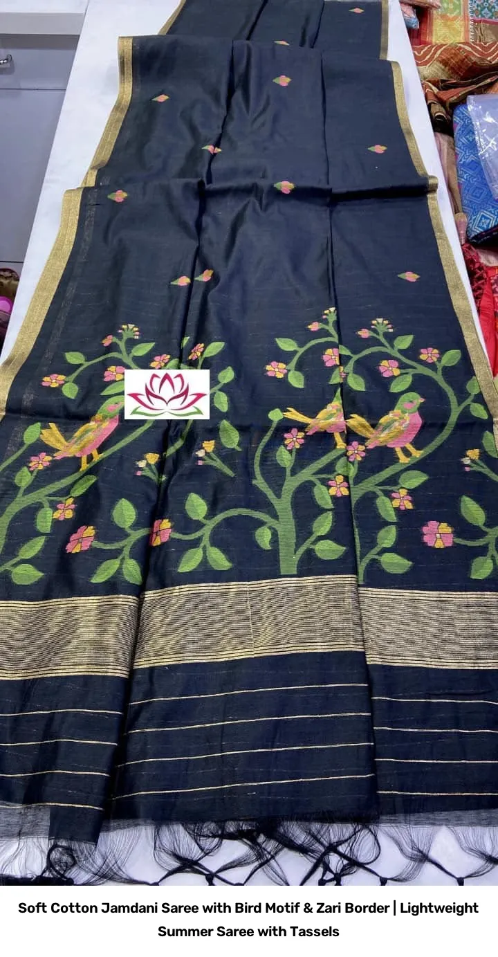 Soft Cotton Jamdani Saree with Bird Motif & Zari Border | Lightweight Summer Saree with Tassels 7