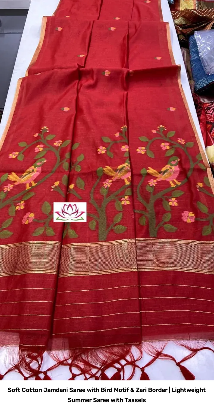Soft Cotton Jamdani Saree with Bird Motif & Zari Border | Lightweight Summer Saree with Tassels 8
