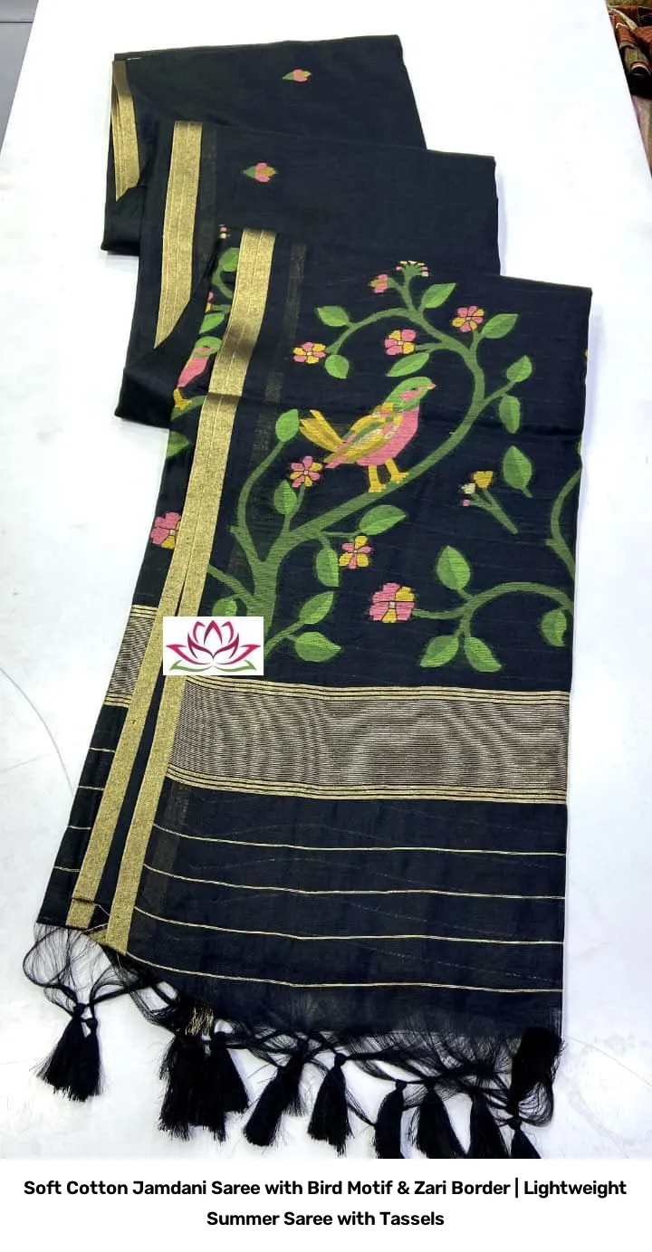 Soft Cotton Jamdani Saree with Bird Motif & Zari Border | Lightweight Summer Saree with Tassels 9