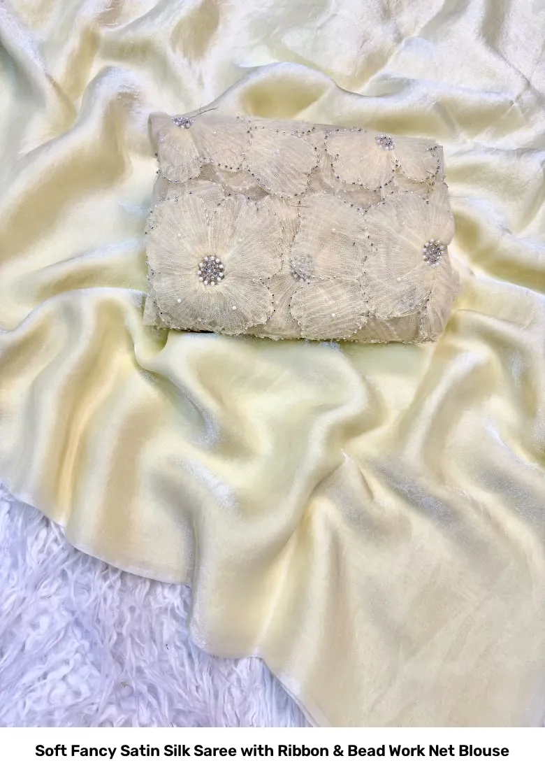 Soft Fancy Satin Silk Saree with Ribbon & Bead Work Net Blouse 3