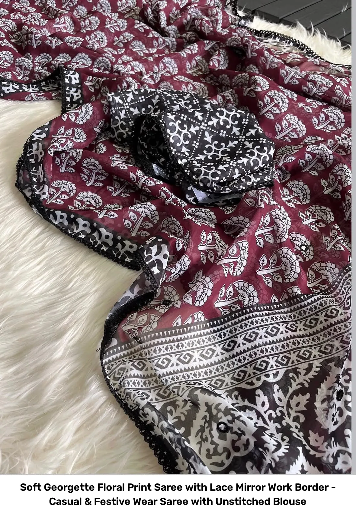 Soft Georgette Floral Print Saree with Lace Mirror Work Border - Casual & Festive Wear Saree with Unstitched Blouse 12