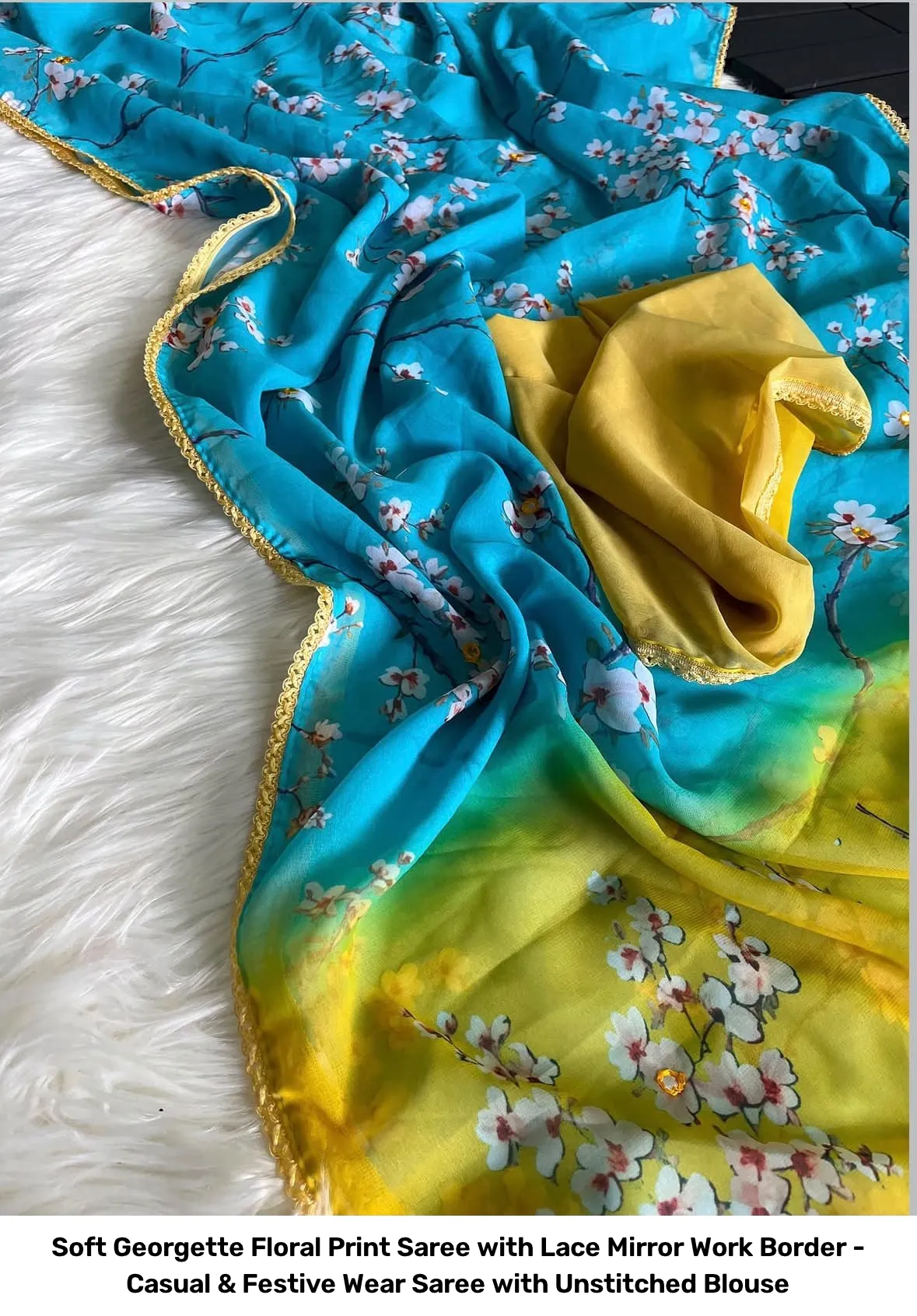Soft Georgette Floral Print Saree with Lace Mirror Work Border - Casual & Festive Wear Saree with Unstitched Blouse 13