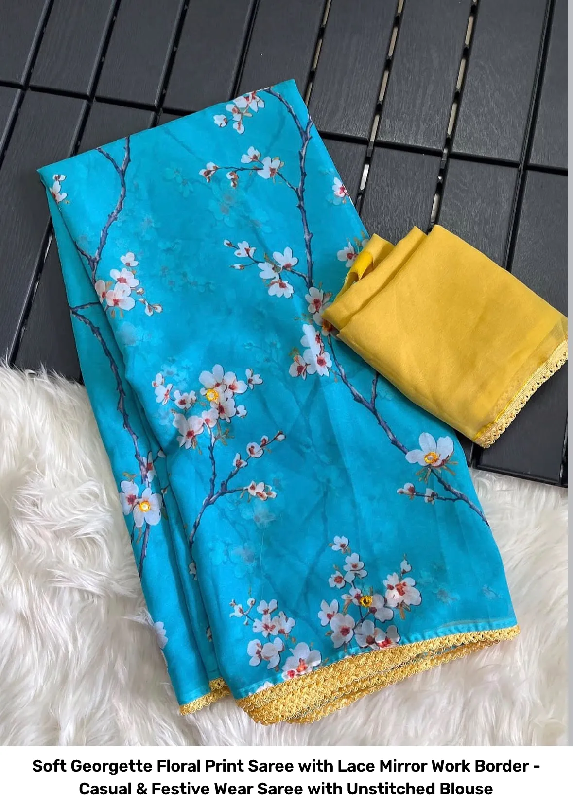 Soft Georgette Floral Print Saree with Lace Mirror Work Border - Casual & Festive Wear Saree with Unstitched Blouse 14
