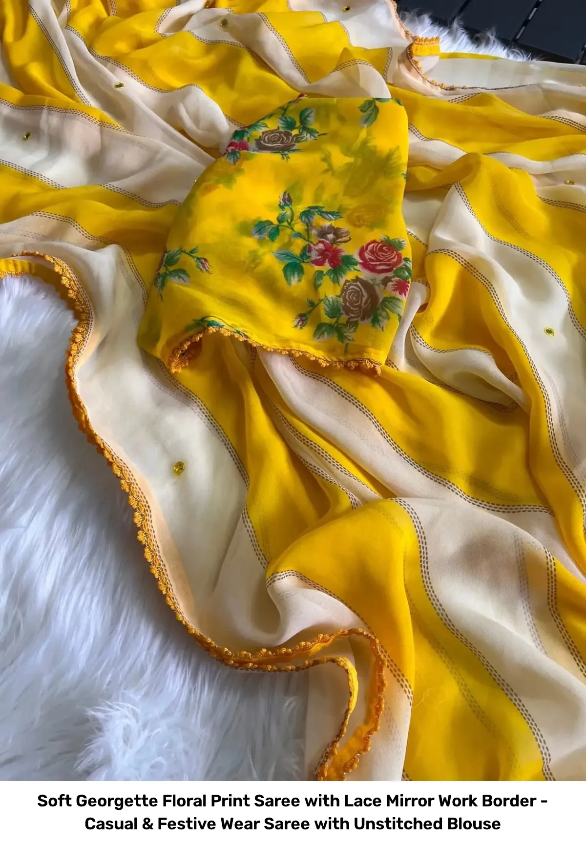 Soft Georgette Floral Print Saree with Lace Mirror Work Border - Casual & Festive Wear Saree with Unstitched Blouse 15