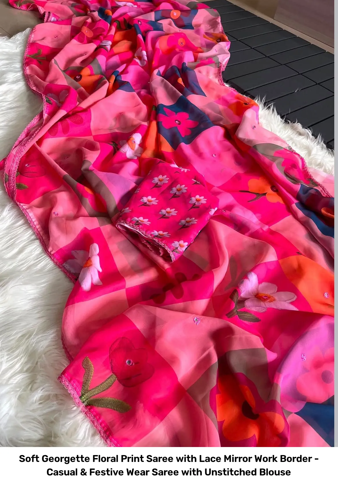 Soft Georgette Floral Print Saree with Lace Mirror Work Border - Casual & Festive Wear Saree with Unstitched Blouse 3