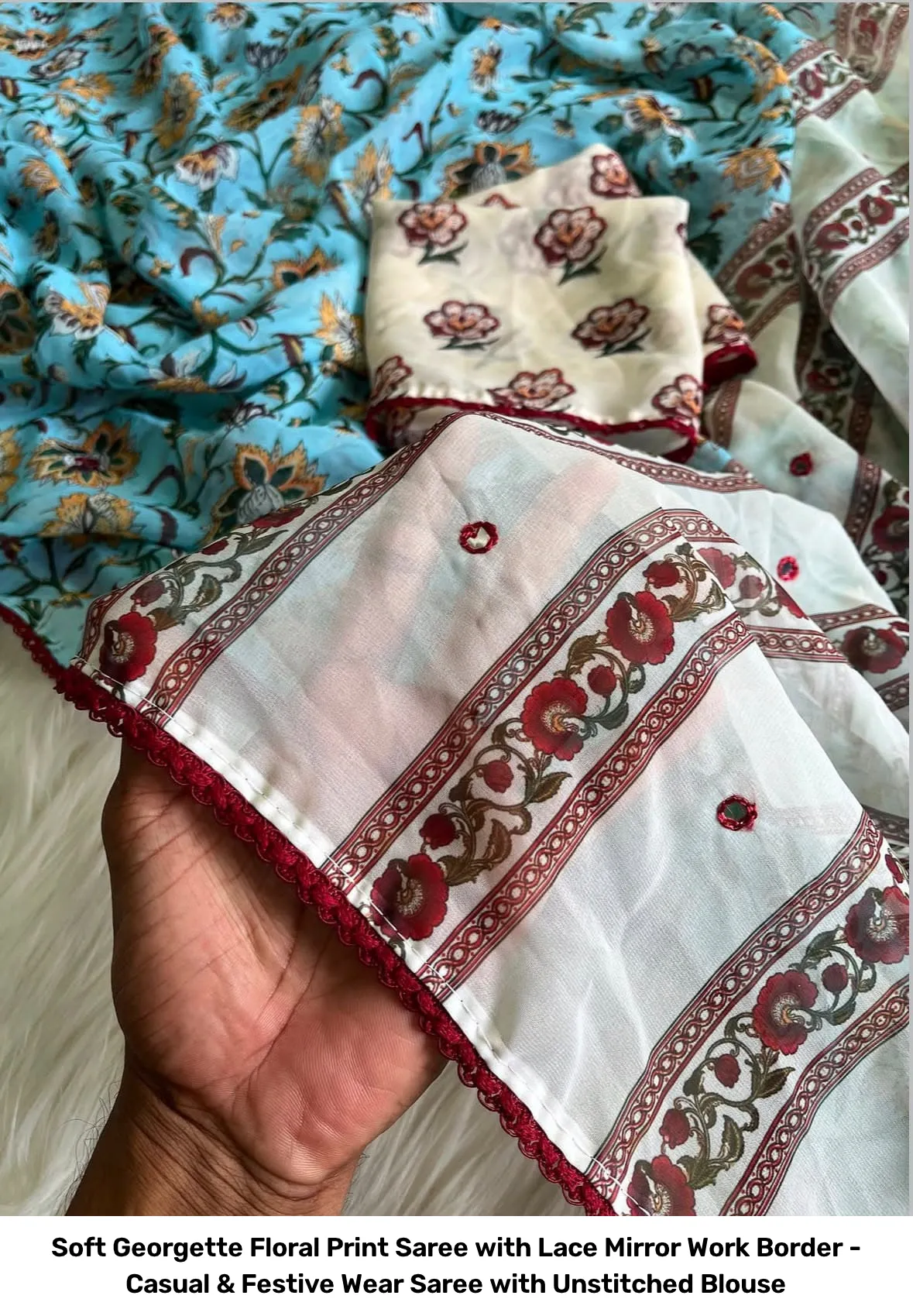Soft Georgette Floral Print Saree with Lace Mirror Work Border - Casual & Festive Wear Saree with Unstitched Blouse 4
