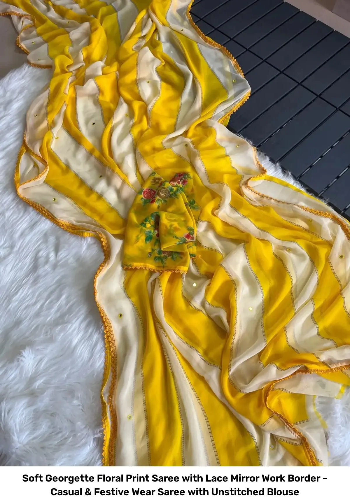 Soft Georgette Floral Print Saree with Lace Mirror Work Border - Casual & Festive Wear Saree with Unstitched Blouse 5