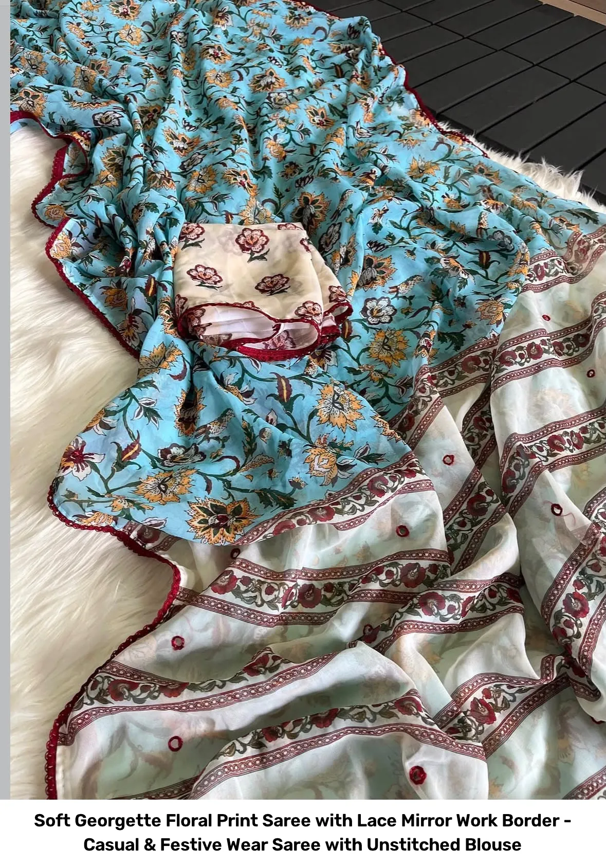 Soft Georgette Floral Print Saree with Lace Mirror Work Border - Casual & Festive Wear Saree with Unstitched Blouse 8