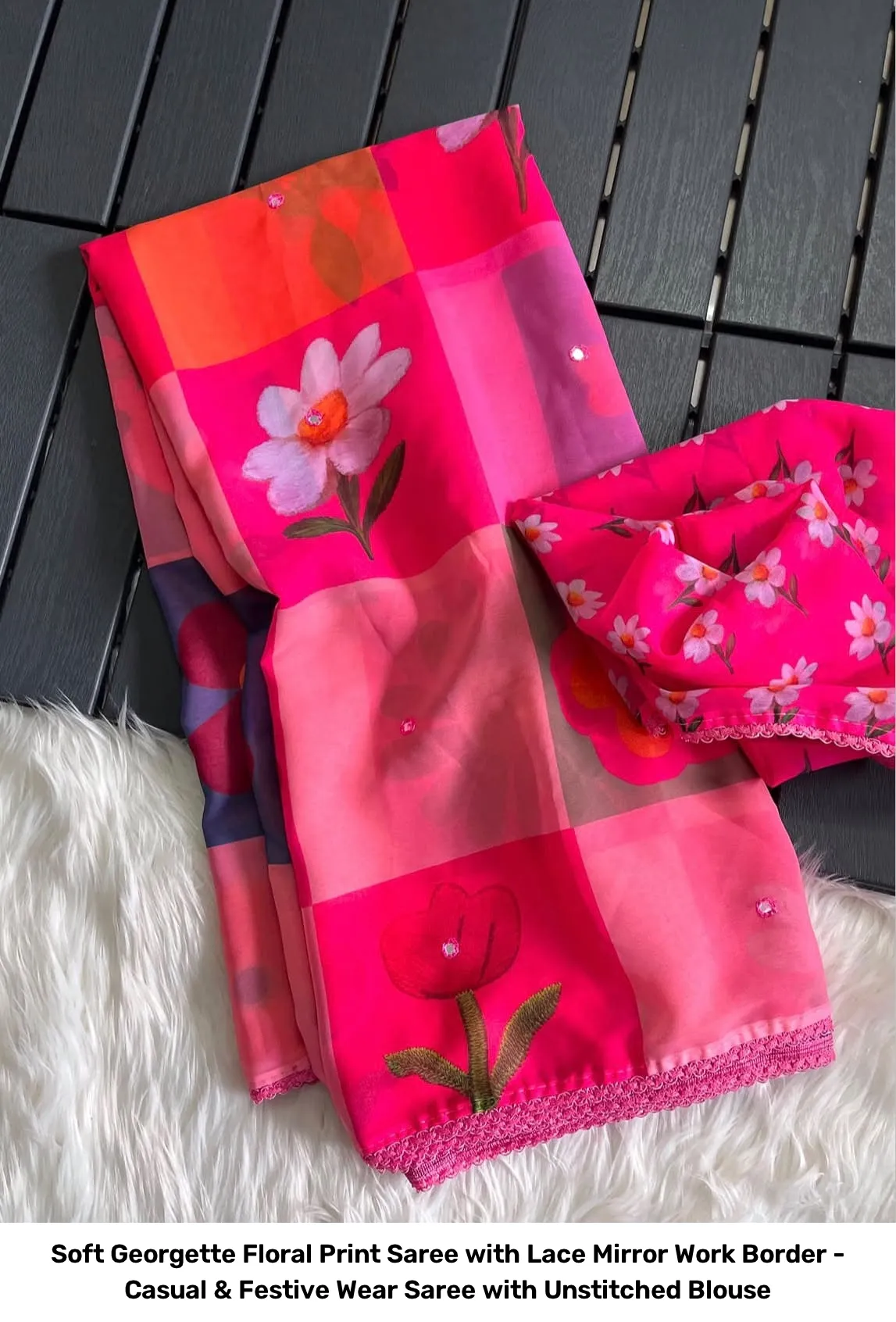 Soft Georgette Floral Print Saree with Lace Mirror Work Border - Casual & Festive Wear Saree with Unstitched Blouse 9